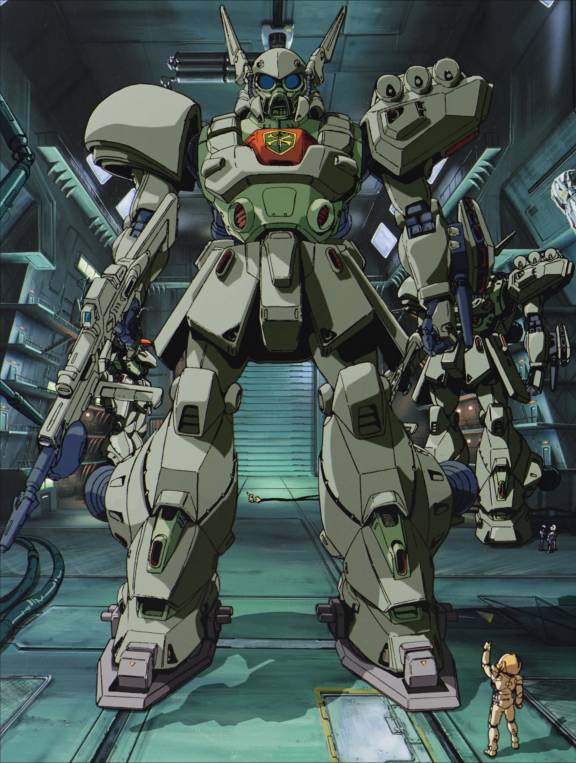 den'an gei, gundam, gundam f91, 1990s (style), beam rifle, beam shield, crossbone vanguard, energy gun, explosive, grenade, gun, hangar, mecha, retro artstyle, robot, shield, size difference, weapon