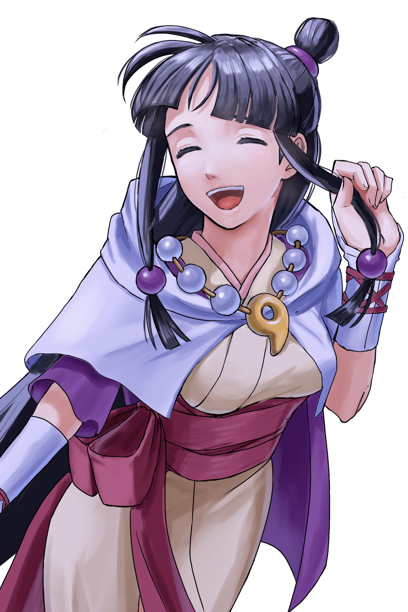 maya fey, ace attorney, phoenix wright: ace attorney – spirit of justice, commentary, highres, 1girl, :d, ^ ^, bead necklace, beads, black hair, blunt bangs, capelet, closed eyes, gauntlets, hair ornament, hanten (clothes), hood, hooded capelet, jacket, japanese clothes, jewelry, kimono, long hair, long sidelocks, low-tied sidelocks, magatama, magatama necklace, necklace, obi, open mouth, purple jacket, red sash, ring hair ornament, sash, shiro4427, sidelocks, smile, solo, sphere hair ornament, topknot, upper body, very long hair, white background, white capelet, white kimono