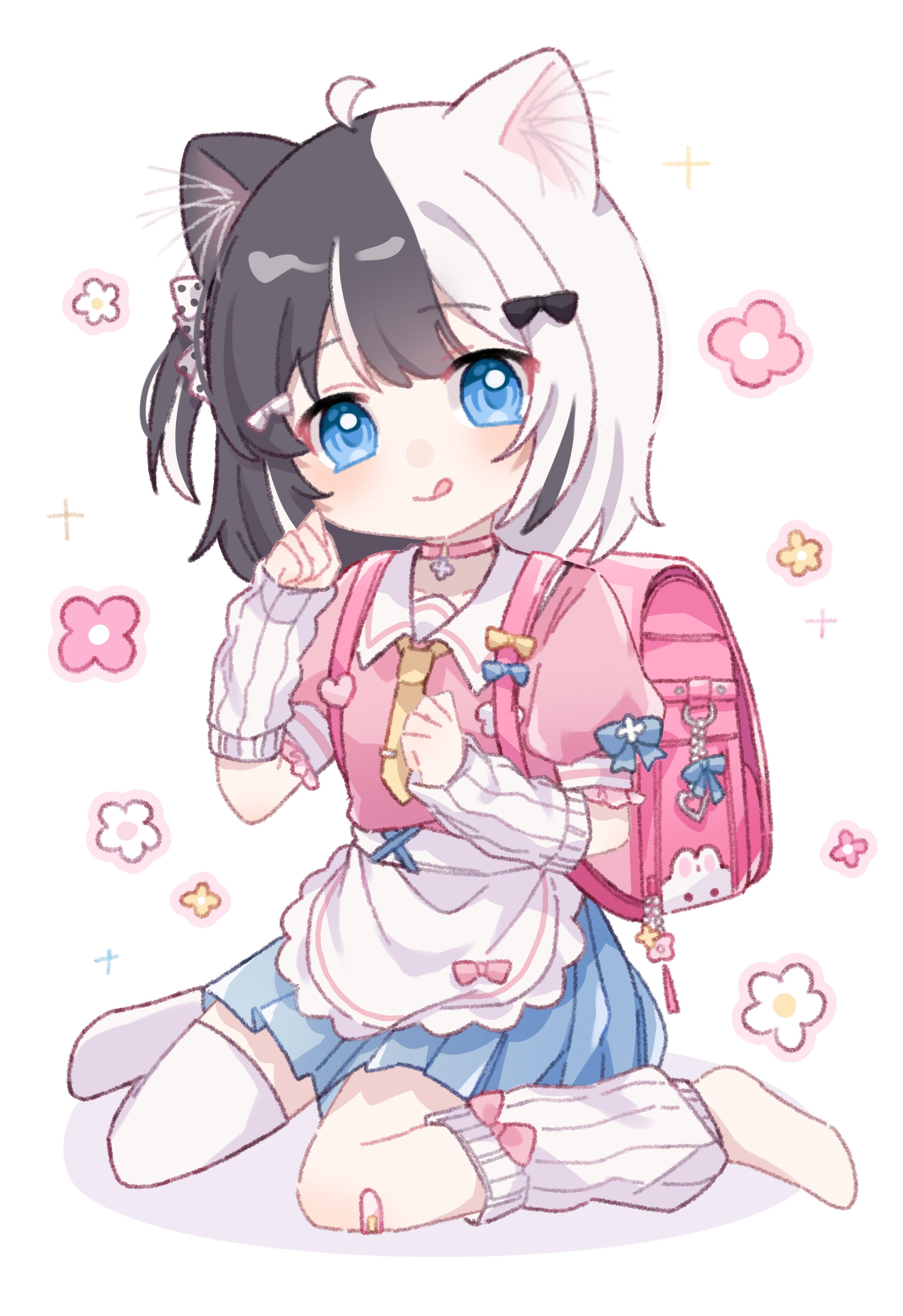 yukomeow, original, absurdres, commentary, english commentary, highres, 1girl, :q, ahoge, animal ear fluff, animal ears, apron, arm warmers, backpack, bag, bandaid, bandaid on knee, bandaid on leg, black bow, black hair, blue bow, blue eyes, blue skirt, bow, bow apron, bow legwear, cat ears, cat girl, choker, closed mouth, collarbone, collared shirt, flower symbol, frilled sleeves, frills, full body, hair bow, hands up, leg warmers, looking at viewer, multicolored hair, necktie, one side up, pink bag, pink choker, pink shirt, pleated skirt, polka dot, polka dot bow, randoseru, shirt, short sleeves, simple background, single bare foot, single leg warmer, single thighhigh, sitting, skirt, sleeve bow, smile, solo, sparkle, split-color hair, streaked hair, striped sleeves, thighhighs, tie clip, tongue, tongue out, two-tone hair, waist apron, wariza, white apron, white arm warmers, white background, white bow, white hair, white leg warmers, white thighhighs, yellow necktie