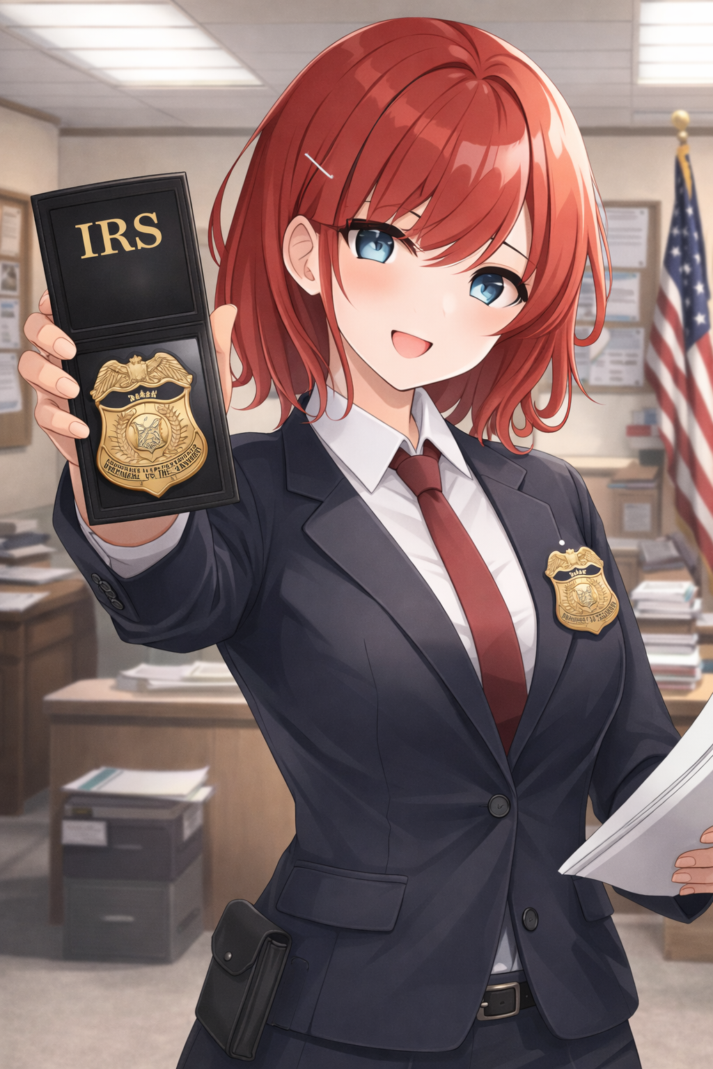 waifume-chan, badge, blue eyes, cabinet, desk, file cabinet, irs, office, paperwork, red hair, united states