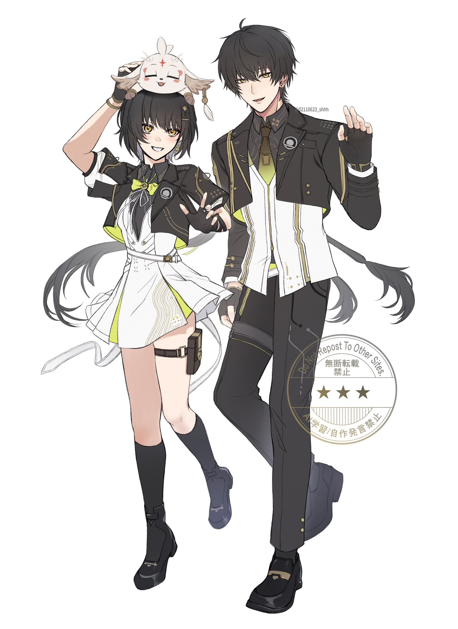 02110623 shhh, abby (wuthering waves), female rover (wuthering waves), male rover (wuthering waves), rover (wuthering waves), wuthering waves, commentary, highres, symbol-only commentary, 1boy, 1girl, black gloves, black hair, black jacket, black pants, black shirt, black shoes, black socks, bow, bowtie, collared shirt, cropped jacket, dress, dual persona, female rover (perpetual spark) (wuthering waves), fingerless gloves, full body, gloves, gradient necktie, grin, jacket, kneehighs, layered shirt, loafers, long hair, long sleeves, looking at viewer, male rover (perpetual spark) (wuthering waves), necktie, official alternate costume, on head, open clothes, open jacket, open mouth, pants, ponytail, pouch, puffy short sleeves, puffy sleeves, shirt, shoes, short dress, short sleeves, simple background, smile, socks, standing, standing on one leg, thigh pouch, thigh strap, twitter username, two-sided fabric, two-sided jacket, watermark, white dress, white shirt, yellow bow, yellow bowtie, yellow eyes, yellow necktie