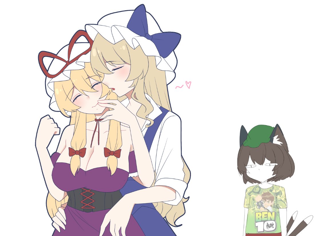 no noru, ben tennyson, chen, watatsuki no toyohime, yakumo yukari, ben 10, touhou, commentary, <|> <|>, 3girls, adapted costume, animal ear fluff, animal ears, black corset, blonde hair, blue bow, blush, bow, breasts, cat ears, cat tail, character print, choker, cleavage, collared shirt, corset, dress, green hat, hair bow, hat, hat bow, hat ribbon, heart, hug, hug from behind, large breasts, long hair, mob cap, multiple girls, multiple tails, nekomata, purple dress, red bow, red ribbon, ribbon, ribbon choker, shirt, simple background, sleeves rolled up, strapless, strapless dress, tail, two tails, very long hair, white background, white hat, white shirt, yuri