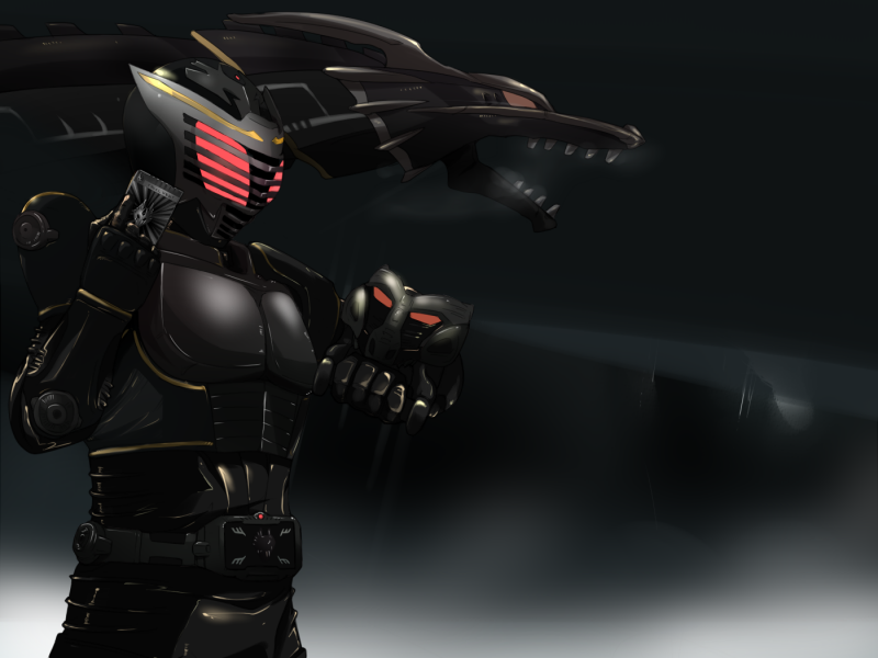 denji (mugitomato), dragblacker, kamen rider ryuga, kamen rider, kamen rider ryuki (series), bad id, bad pixiv id, 1boy, belt, card, dark, dragon, glowing, glowing eyes, holding, holding card