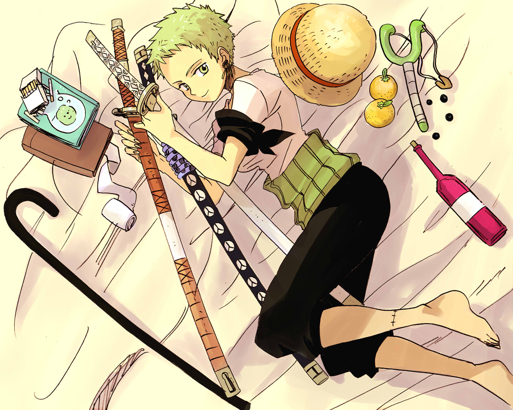 roro11, roronoa zoro, one piece, bad id, bad pixiv id, 1girl, armband, bandana, barefoot, book, bottle, cane, cigarette, earrings, feet, female focus, food, fruit, genderswap, genderswap (mtf), green eyes, green hair, haramaki, hat, jewelry, lying, matching hair/eyes, orange (fruit), paper, scar, short hair, shorts, slingshot (weapon), smile, solo, straw hat, sword, weapon, yellow eyes