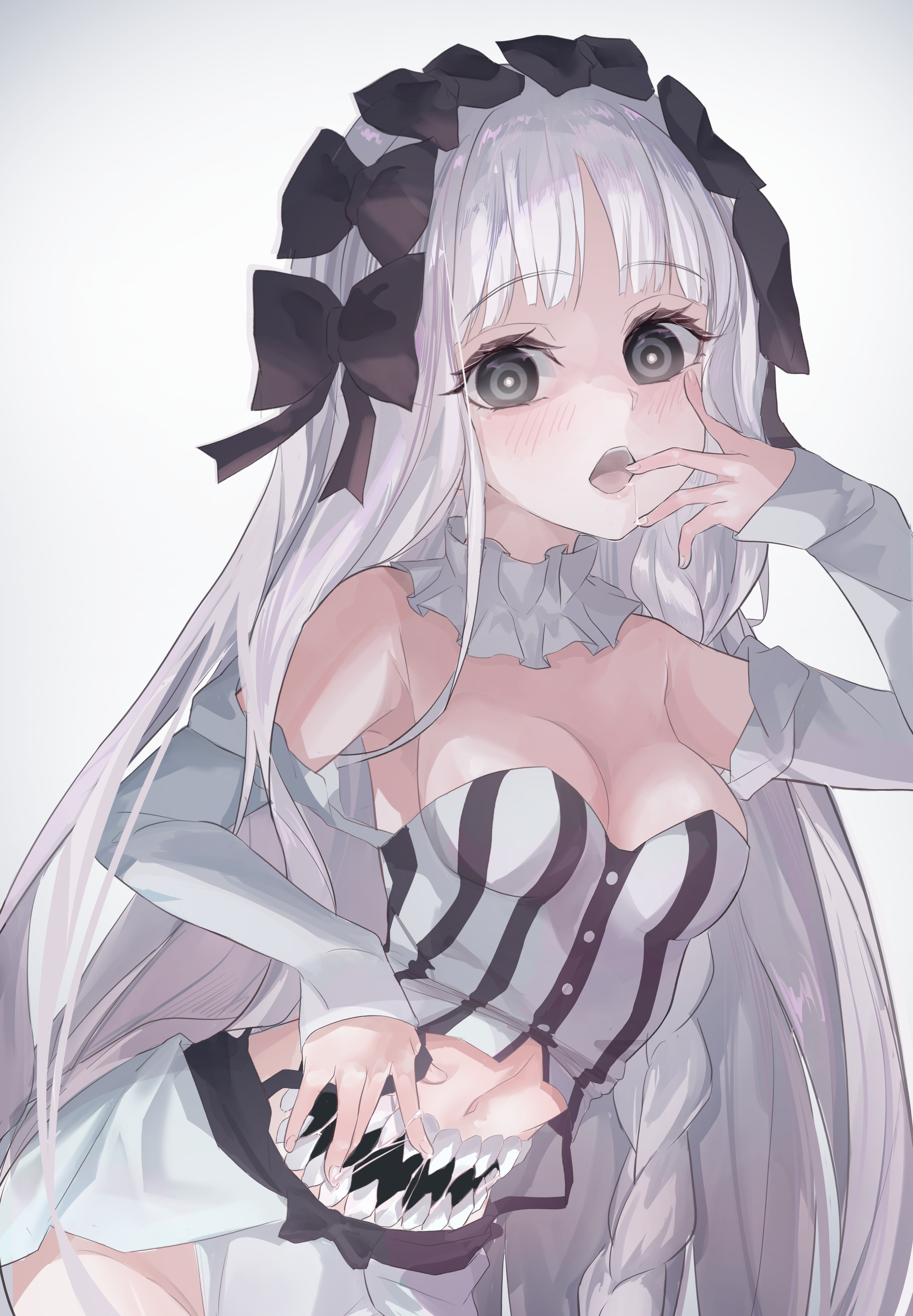 zasyuu 11, francesca prelati (fate), fate/strange fake, fate (series), absurdres, commentary request, highres, 1girl, bare shoulders, black bow, black eyes, blush, bow, braid, breasts, cleavage, collar, colored inner hair, detached sleeves, dress, frilled collar, frills, grey hair, hair bow, long hair, looking at viewer, medium breasts, multicolored hair, open mouth, panties, parted bangs, ringed eyes, sidelocks, solo, stomach mouth, striped clothes, striped dress, teeth, underwear, very long hair, white dress, white hair, white panties