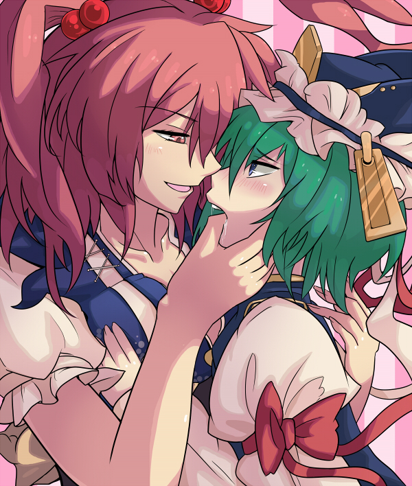 yude, onozuka komachi, shiki eiki, touhou, 2girls, blush, female focus, finger in another's mouth, green eyes, green hair, hair bobbles, hair ornament, hat, multiple girls, red eyes, red hair, ribbon, saliva, short hair, twintails, two side up, yuri