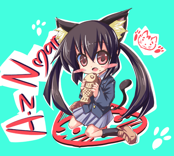 kurou (quadruple zero), nakano azusa, k-on!, bad id, bad pixiv id, 1girl, animal ears, black hair, blush stickers, cat ears, cat tail, chibi, female focus, food, long hair, red eyes, school uniform, solo, tail, taiyaki, twintails, wagashi