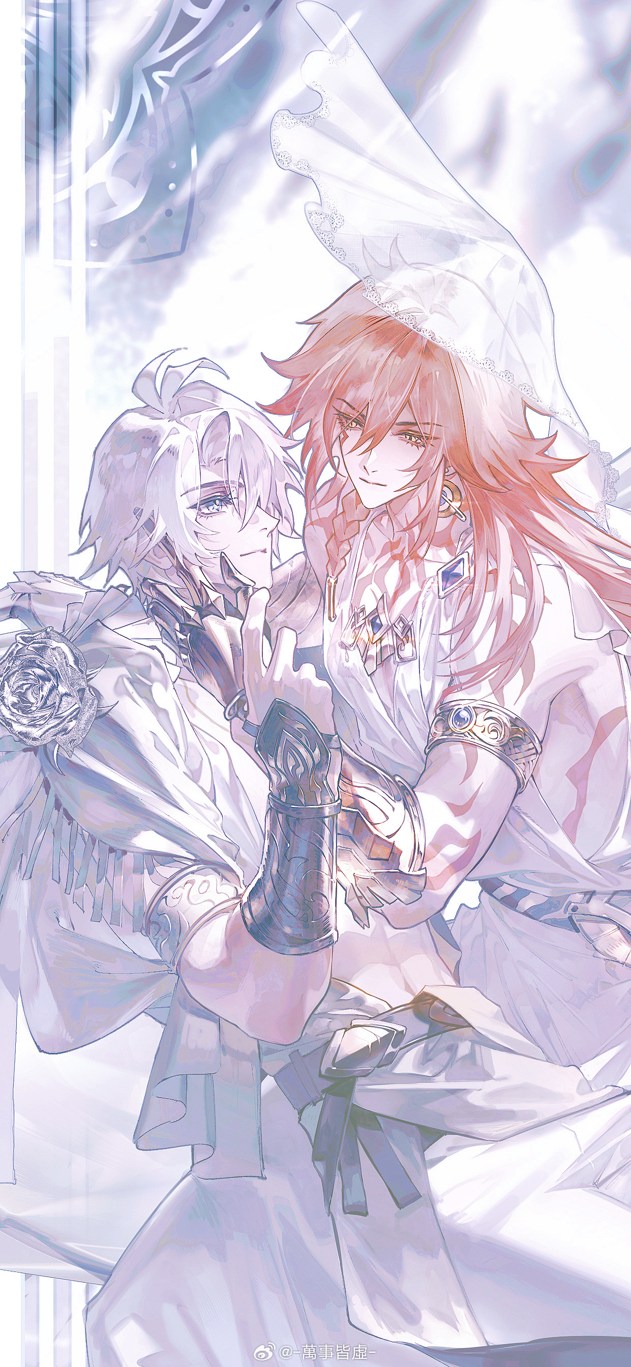 huuuhjjj, mydei (honkai: star rail), phainon (honkai: star rail), honkai: star rail, honkai (series), absurdres, chinese commentary, commentary request, highres, 2boys, alternate costume, ancient greek clothes, antenna hair, arm tattoo, armlet, blonde hair, blue eyes, braid, cape, chest tattoo, chiton, clawed gauntlets, earrings, facial tattoo, gold earrings, gold necklace, gold vambraces, gradient hair, greco-roman clothes, hand on another's face, holding another's wrist, jewelry, male focus, medium hair, multicolored hair, multiple boys, necklace, pants, parted bangs, red hair, red tattoo, short hair, side braid, tattoo, veil, watermark, weibo watermark, white cape, white hair, white pants, white veil, yaoi, yellow eyes