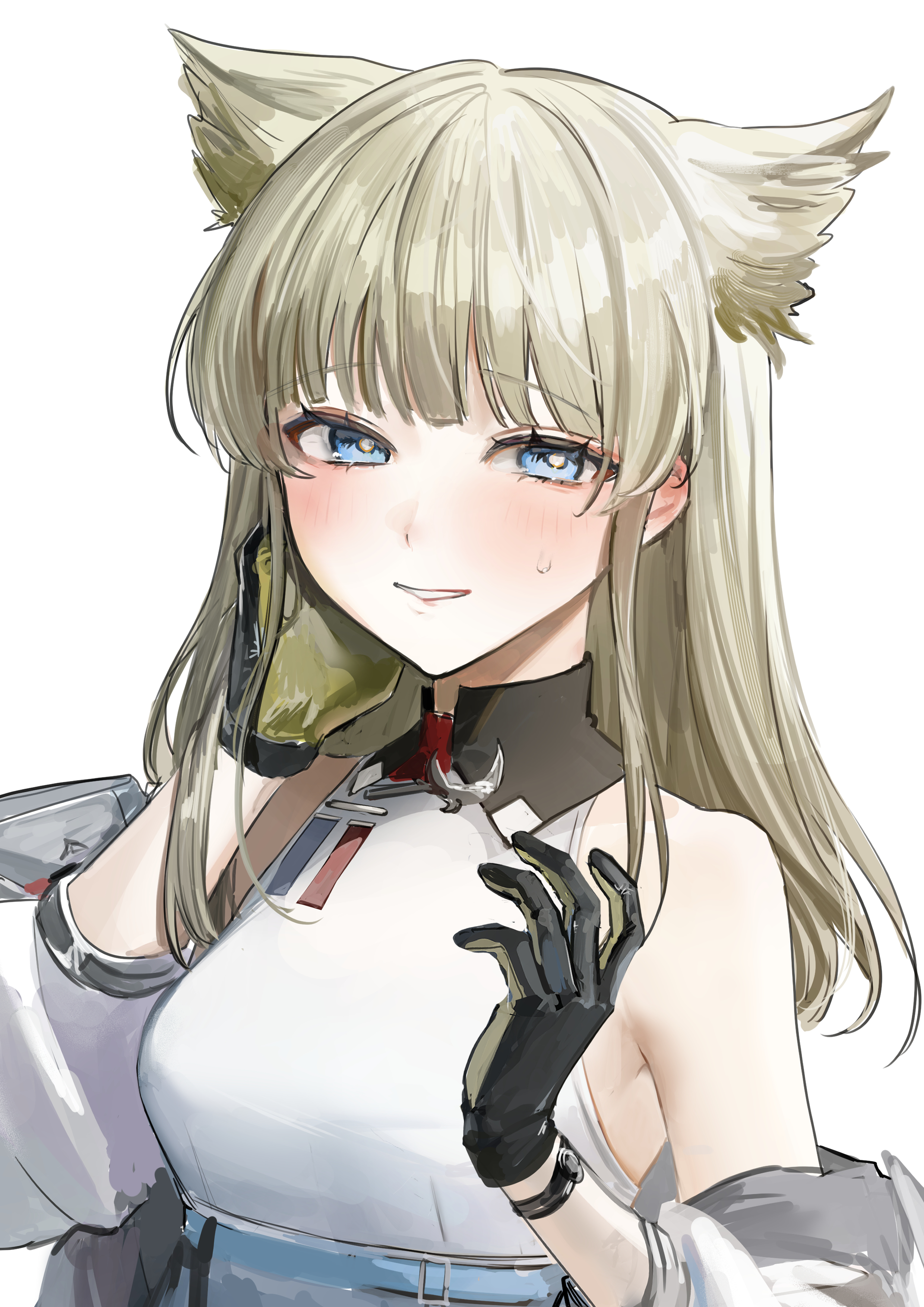 aizuki sui, perlica (arknights), arknights, arknights: endfield, absurdres, commentary, highres, 1girl, bare shoulders, black gloves, blonde hair, blue eyes, bright pupils, collared shirt, contrast collar, gloves, hand on own ear, jacket, light blush, light smile, long hair, looking at viewer, off shoulder, shirt, simple background, sleeveless, sleeveless shirt, solo, upper body, white background, white jacket, white pupils, white shirt, yellow gloves