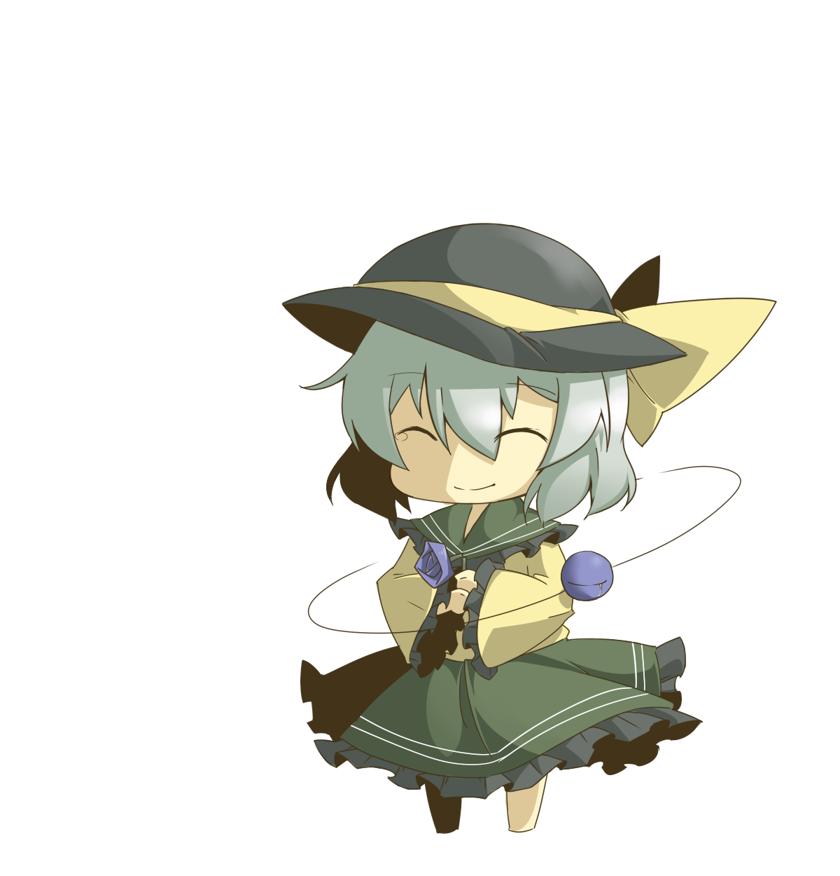 eiri (eirri), komeiji koishi, touhou, silver hair, bad id, bad pixiv id, highres, 1girl, chibi, female focus, full body, hat, short hair, simple background, smile, solo, white background