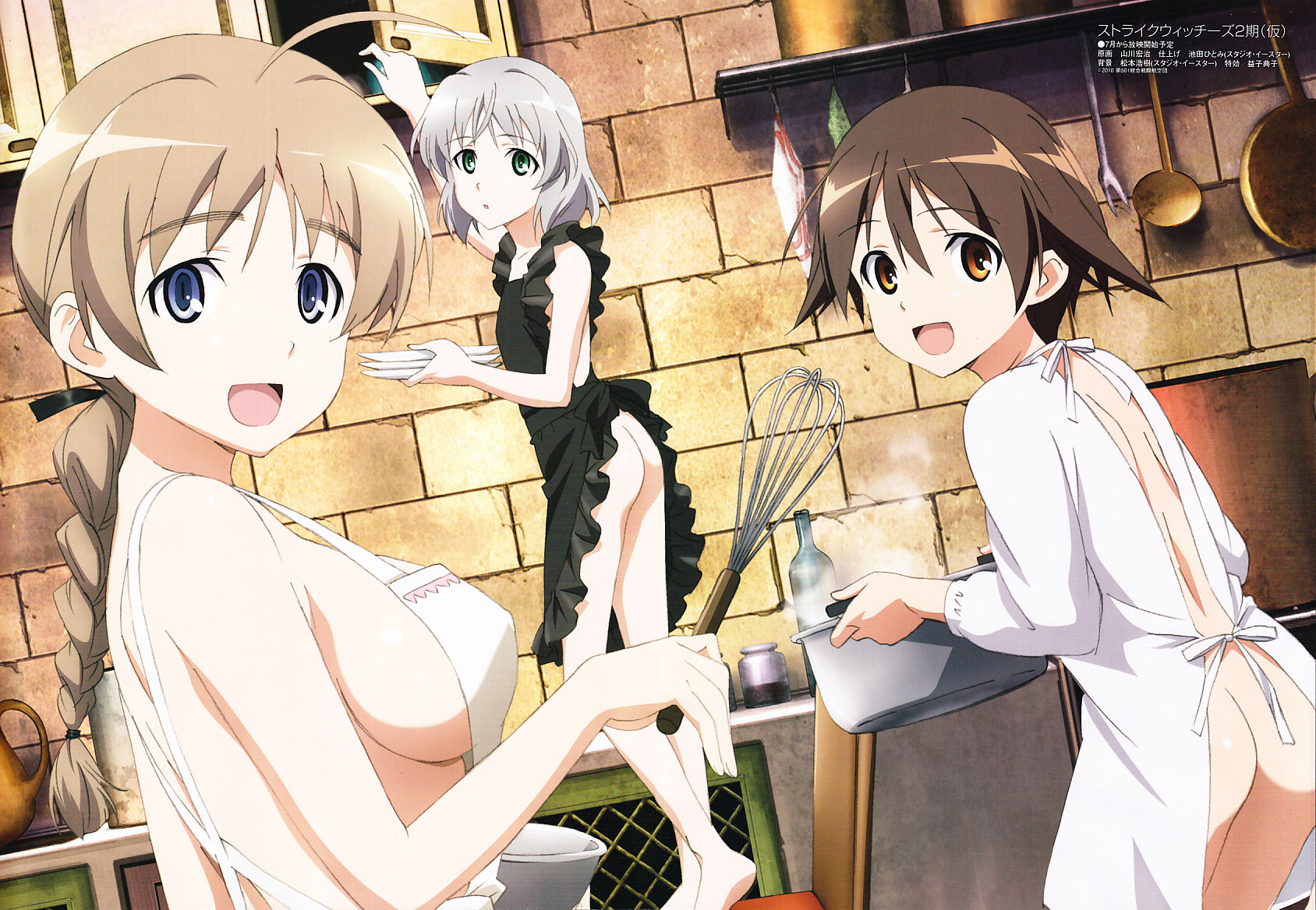 yamakawa kouji, lynette bishop, miyafuji yoshika, sanya v. litvyak, megami magazine, strike witches, world witches series, pot, silver hair, highres, official art, 3girls, ahoge, apron, ass, barefoot, blue eyes, braid, breasts, brown eyes, brown hair, cooking, green eyes, holding, holding whisk, kappougi, kitchen, large breasts, long hair, looking back, multiple girls, naked apron, naked kappougi, no panties, open mouth, plate, short hair, sideboob, upskirt, whisk