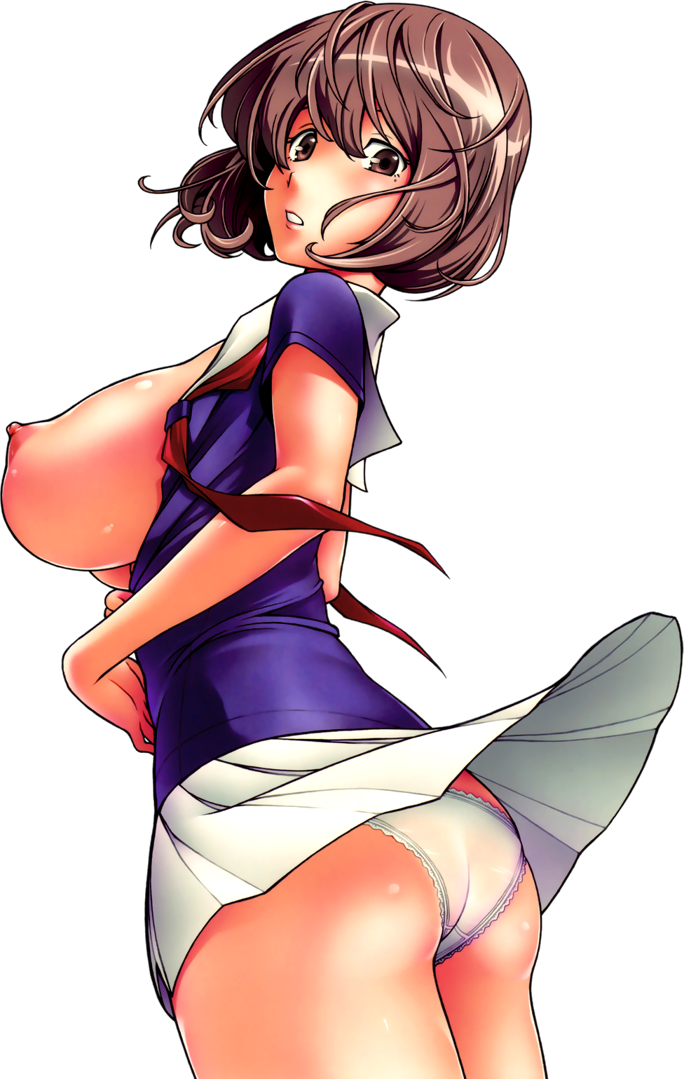 fukudahda, aoki yuriko, bakuman, highres, 1girl, ass, breasts, brown eyes, brown hair, female focus, huge breasts, large breasts, legs, looking back, mole, mole under eye, nipples, open clothes, open shirt, panties, pantyshot, shirt, short hair, sideboob, solo, transparent background, underwear, white panties, wind, wind lift