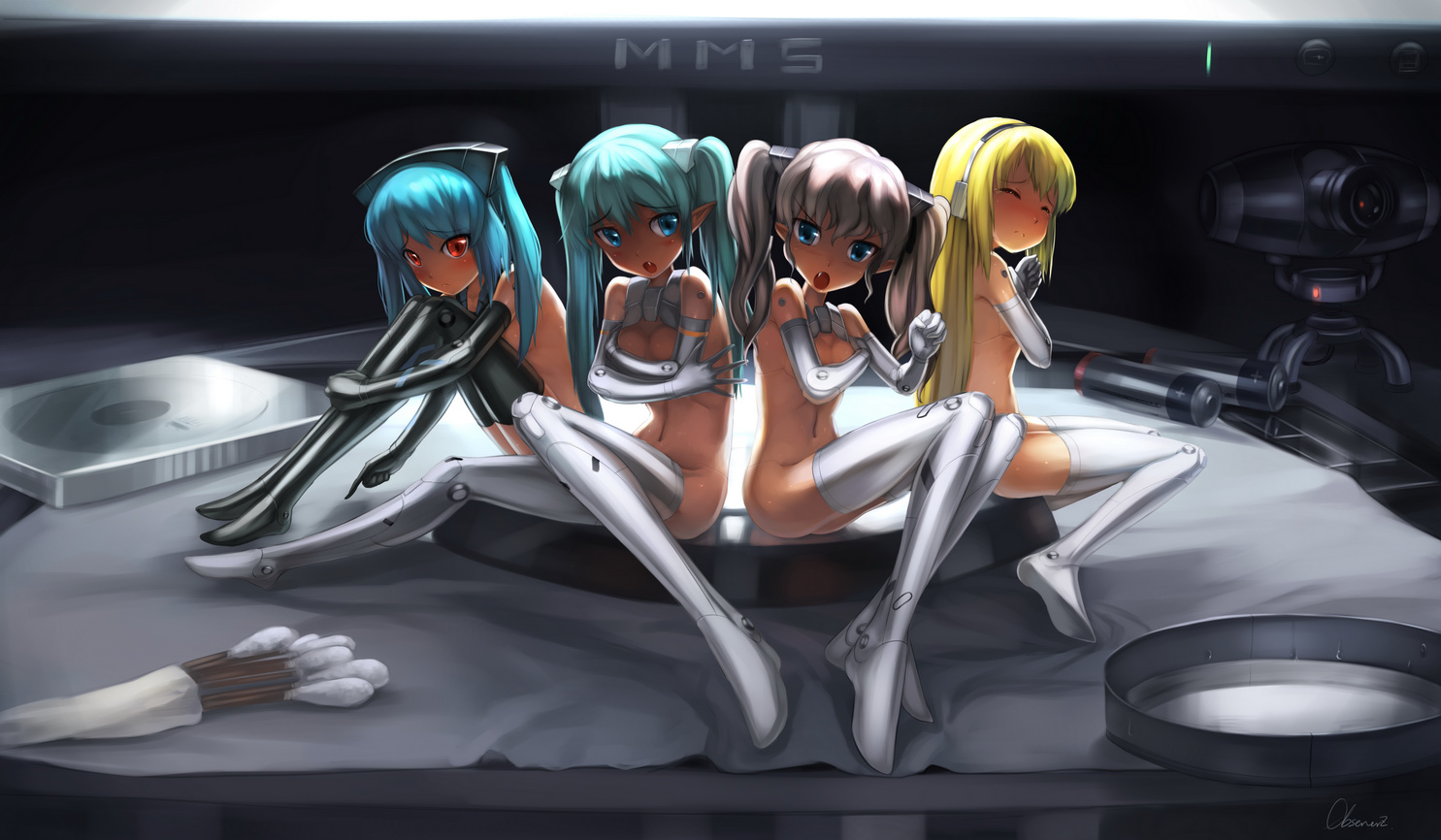observerz, arnval, strarf, valona, busou shinki, breast hold, bad id, bad pixiv id, 10s, 4girls, android, angry, aqua hair, battery, black thighhighs, blonde hair, blue eyes, blue hair, blush, breasts, camera, cd, closed eyes, cotton swab, covering privates, doll joints, elbow gloves, elf, embarrassed, fang, flat chest, gloves, headphones, hugging own legs, joints, legs, lineup, loli, long hair, looking back, mini person, minigirl, multiple girls, navel, nude, open mouth, pink hair, pointing, pointy ears, red eyes, robot joints, signature, sitting, tears, thighhighs, twintails, white thighhighs