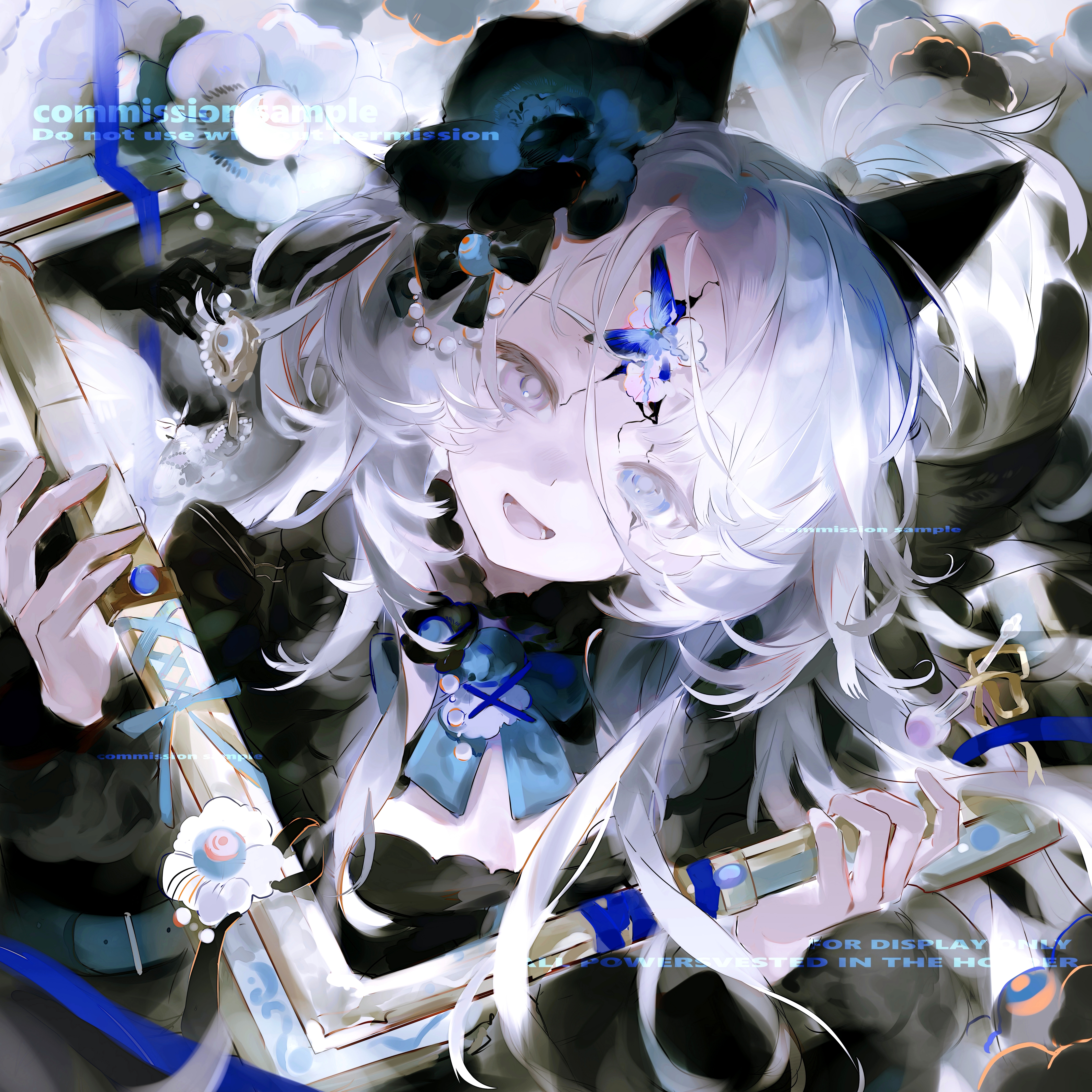 original, absurdres, commission, highres, mihuashi commission, 1girl, black bow, blue bow, blue bowtie, blue butterfly, blue eyes, blue flower, blue ribbon, bow, bowtie, breasts, brown eyes, bug, butterfly, cleavage, cracked skin, eyeball, eyelashes, flower, gem, hair bow, hair flower, hair ornament, head tilt, heterochromia, holding, holding picture frame, insect, liangzhi mian gou, long hair, long sleeves, looking at viewer, lower teeth only, medium breasts, one side up, open mouth, pearl (gemstone), picture frame, ribbon, sample watermark, sidelocks, solo, square, teeth, tongue, watermark, white flower, white hair