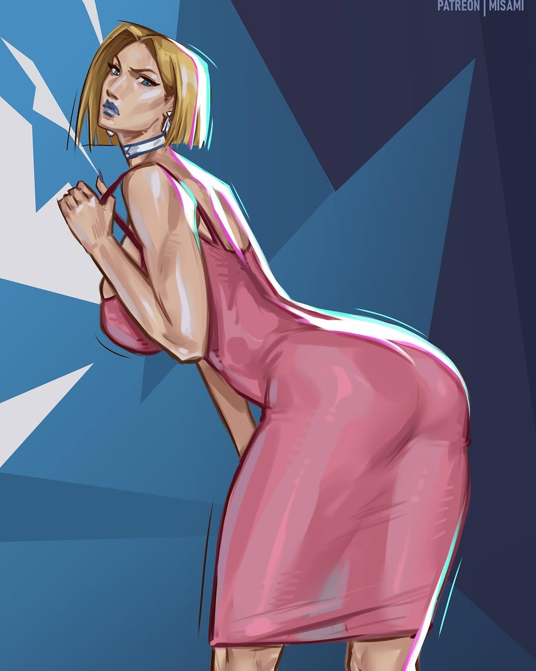 misa mi, emma frost, marvel, marvel rivals, x-men, highres, tagme, artist name, ass, blue lips, breasts, butt crack, choker, dress, from behind, huge ass, large breasts, leaning forward, lipstick, looking at viewer, looking back, makeup, mature female, pink dress, pulling own clothes, short hair, thick thighs, thighs, tight clothes, tight dress