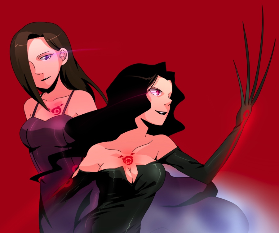 rocd, juliet douglas, lust (fma), sloth (fma), fullmetal alchemist, homunculus, bad id, bad pixiv id, 00s, 2girls, bare shoulders, black dress, black gloves, black hair, breasts, brown hair, claws, cleavage, dress, elbow gloves, gloves, glowing, glowing eyes, hair over one eye, lipstick, long hair, makeup, medium breasts, multiple girls, ouroboros, pink eyes, purple dress, purple eyes, purple gloves, strapless, strapless dress, tattoo, wavy hair