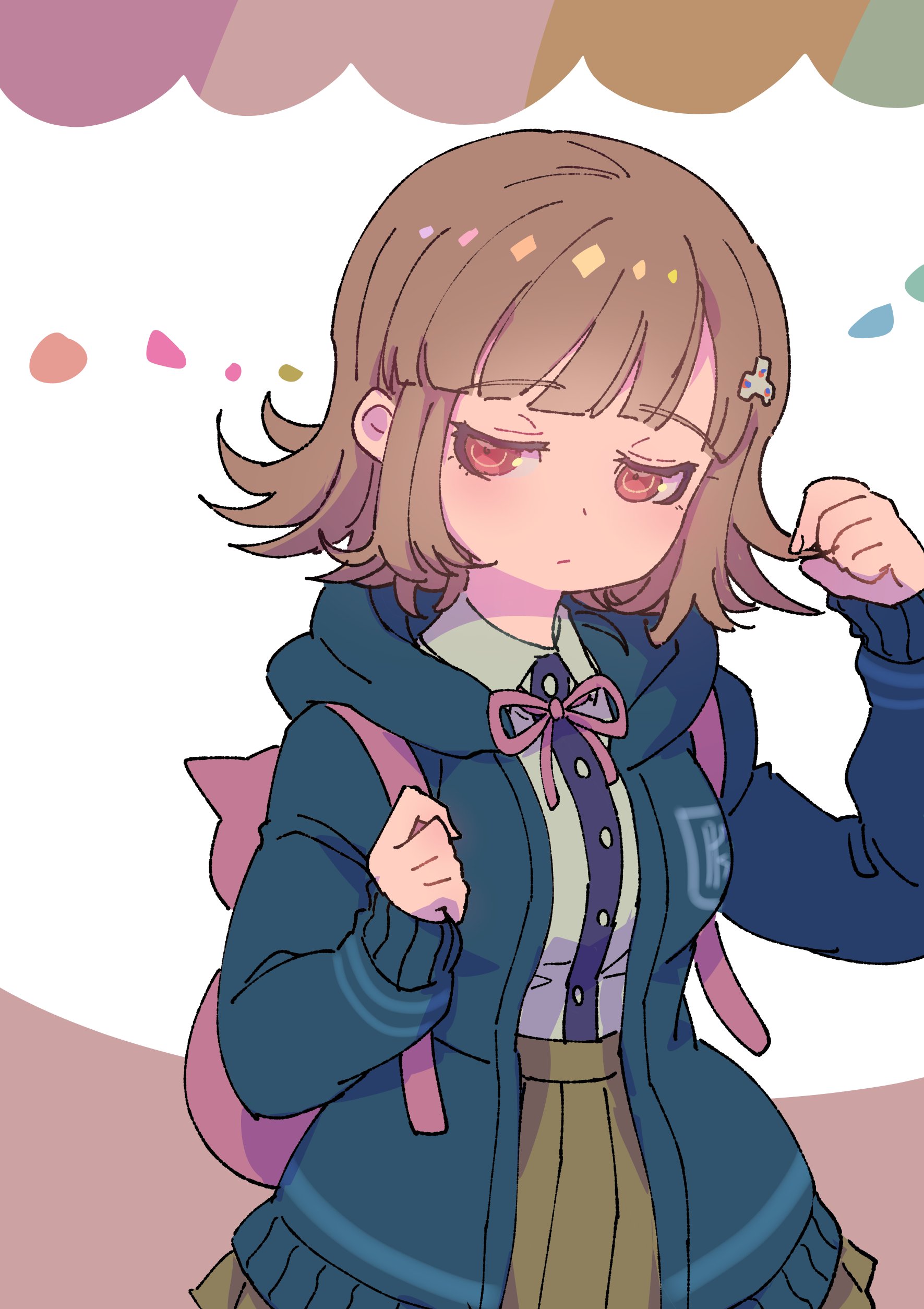 youko-shima, nanami chiaki, danganronpa (series), danganronpa 2: goodbye despair, absurdres, highres, 1girl, animal bag, breasts, brown hair, brown skirt, cat bag, collared shirt, flipped hair, hair ornament, hood, jacket, long sleeves, medium hair, neck ribbon, open clothes, open jacket, pink bag, pink eyes, pink ribbon, pleated skirt, ribbon, shirt, skirt, solo, two-tone shirt, white shirt