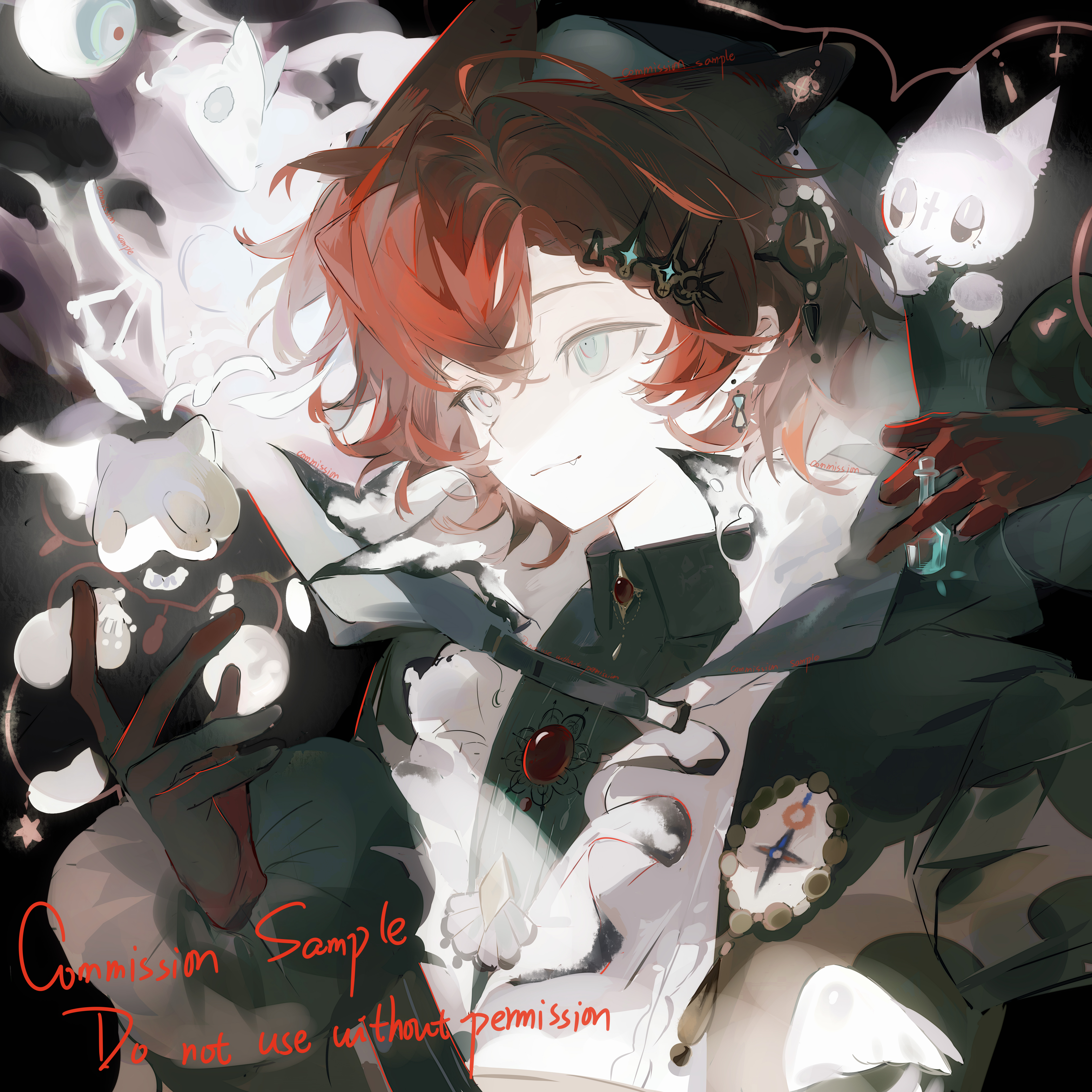 original, red gem, absurdres, commission, highres, mihuashi commission, 1boy, bottle, brooch, crossed bangs, earrings, fang, fang out, gem, gloves, grey eyes, hair between eyes, hair intakes, hair ornament, holding, holding bottle, jewelry, liangzhi mian gou, long sleeves, looking afar, male focus, mini bottle, pale skin, red gloves, red hair, sample watermark, short hair, sidelocks, solo, square, watermark