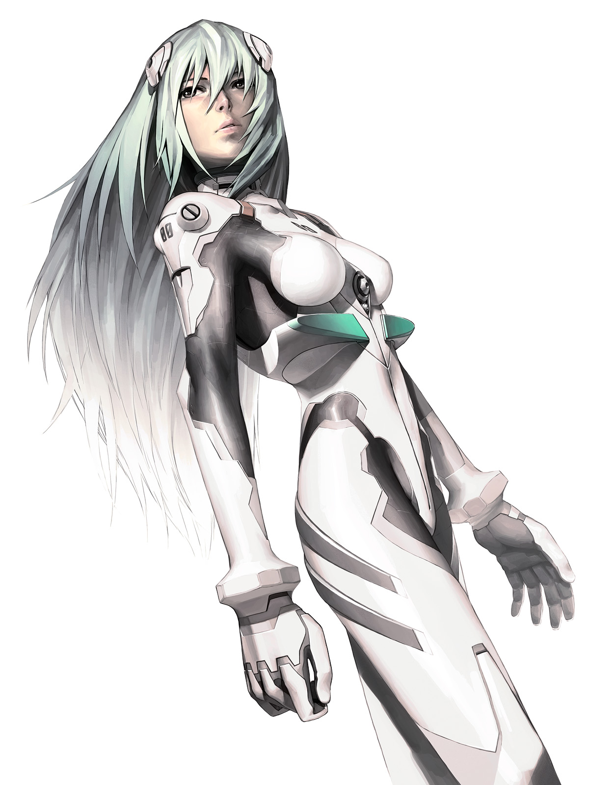 iwai ryou, ayanami rei, neon genesis evangelion, highres, 1girl, aged up, alternate hair length, alternate hairstyle, aqua hair, bodysuit, female focus, from below, from side, long hair, mecha pilot suit, plugsuit (evangelion), realistic, simple background, solo, white background, white hair