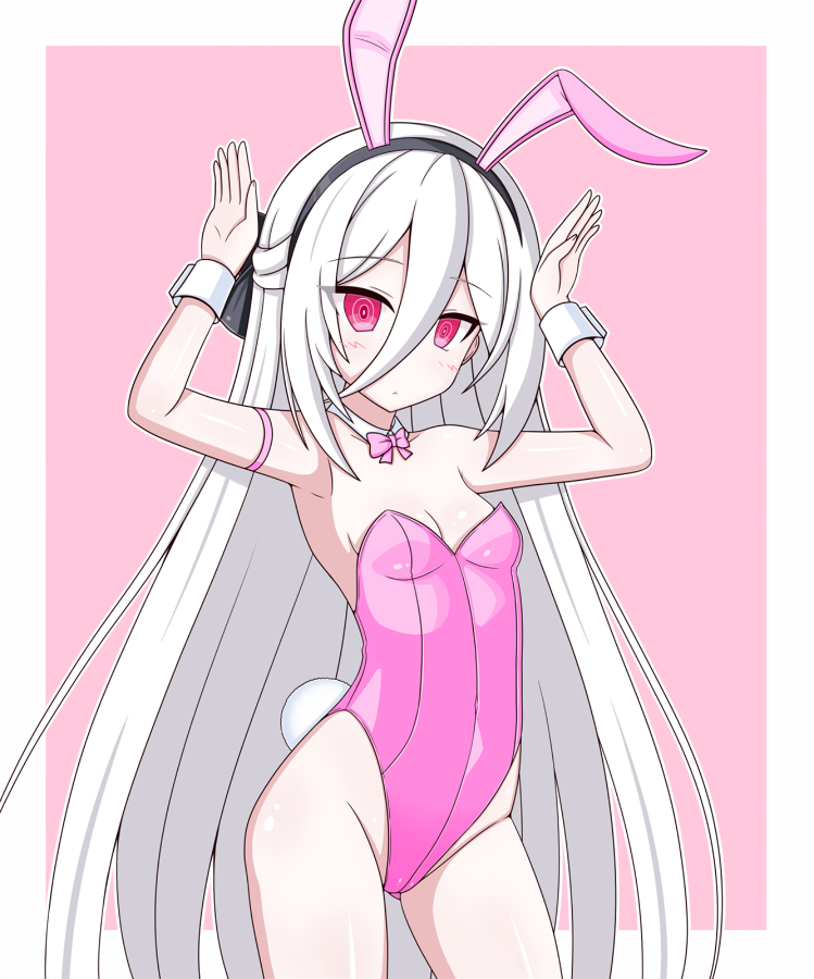 chagama (tyagama0927), kei (blue archive), kei (new body) (blue archive), blue archive, commentary request, variant set, 1girl, albino, animal ear hairband, animal ears, aqua background, bow, bowtie, breasts, contrapposto, cowboy shot, detached collar, fake animal ears, hairband, half updo, leotard, long hair, looking at viewer, pink bow, pink bowtie, pink leotard, playboy bunny, rabbit ears, rabbit pose, rabbit tail, red eyes, ringed eyes, small breasts, solo, standing, strapless, strapless leotard, tail, two-tone background, very long hair, white hair, wrist cuffs