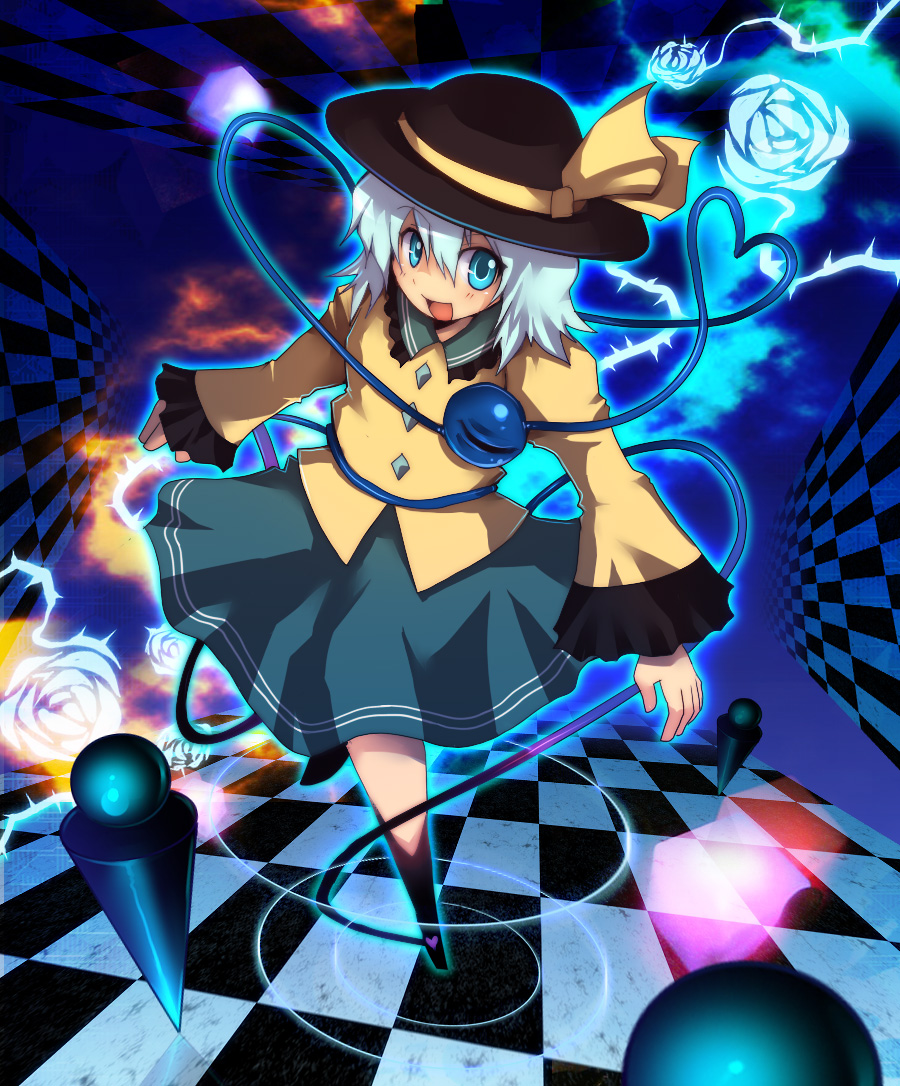 emon-yu, komeiji koishi, touhou, silver hair, 1girl, blue eyes, checkered floor, female focus, flower, hat, heart, heart of string, open mouth, perspective, rose, short hair, smile, solo, thorns, vanishing point