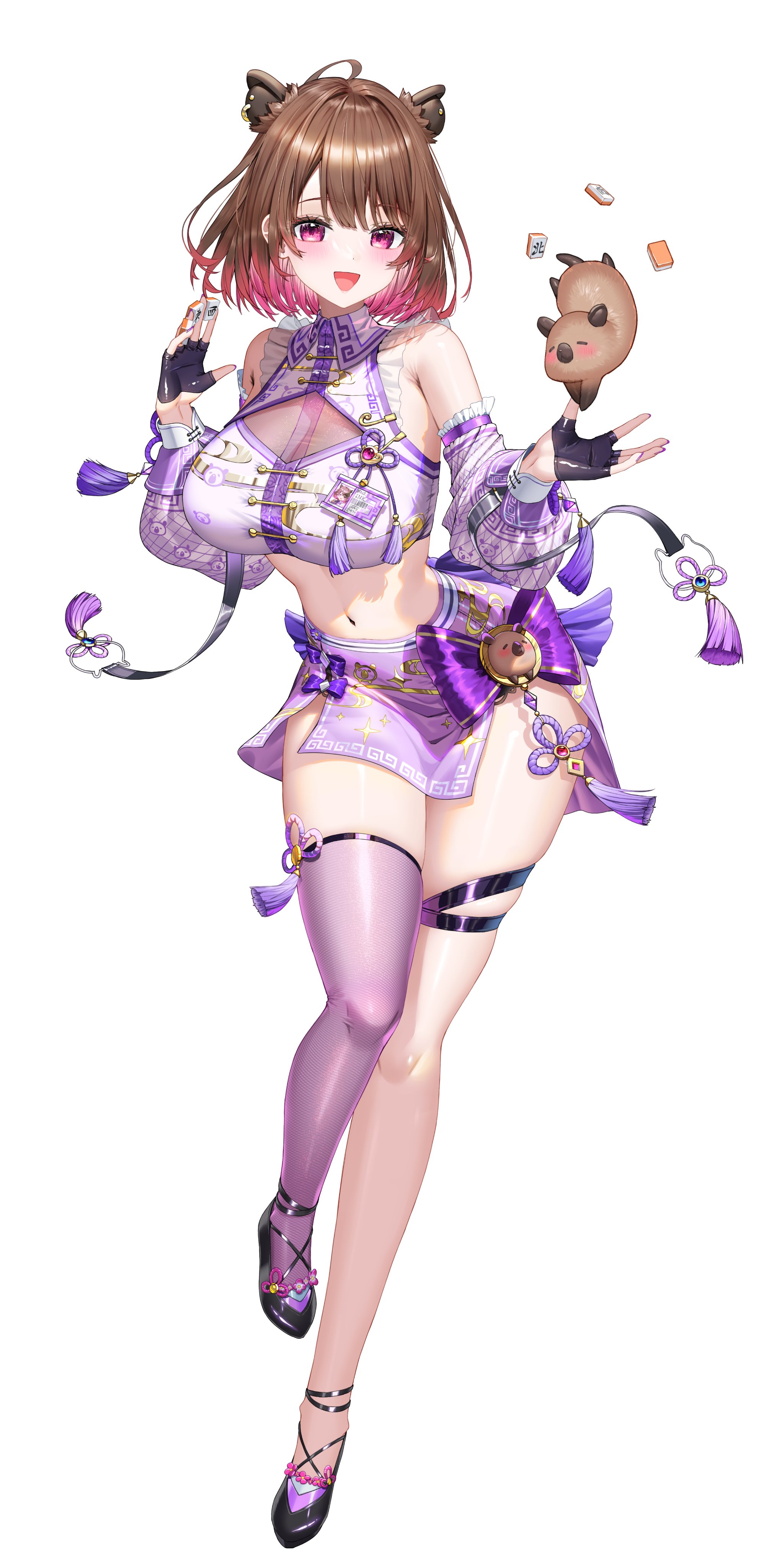 satoupote, yunohara izumi, nanashi inc., absurdres, highres, non-web source, 1girl, animal ear piercing, animal ears, bare shoulders, black gloves, blush, bow, breasts, brown hair, capybara, capybara ears, capybara girl, crop top, detached sleeves, dress, fingerless gloves, frilled dress, frills, full body, gloves, half gloves, high heels, holding, holding mahjong tile, large breasts, looking at viewer, mahjong, mahjong tile, multicolored hair, navel, open mouth, pink eyes, pink hair, puffy sleeves, purple bow, purple dress, purple skirt, purple thighhighs, see-through cleavage, see-through clothes, short hair, side slit, simple background, single thighhigh, skindentation, skirt, sleeveless, smile, solo, stomach, tassel, tented shirt, thigh strap, thighhighs, thighs, virtual youtuber