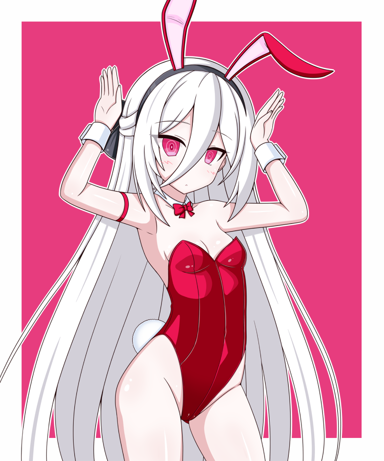 chagama (tyagama0927), kei (blue archive), kei (new body) (blue archive), blue archive, commentary request, variant set, 1girl, albino, animal ear hairband, animal ears, aqua background, bow, bowtie, breasts, contrapposto, cowboy shot, detached collar, fake animal ears, hairband, half updo, leotard, long hair, looking at viewer, playboy bunny, rabbit ears, rabbit pose, rabbit tail, red bow, red bowtie, red eyes, red leotard, ringed eyes, small breasts, solo, standing, strapless, strapless leotard, tail, two-tone background, very long hair, white hair, wrist cuffs