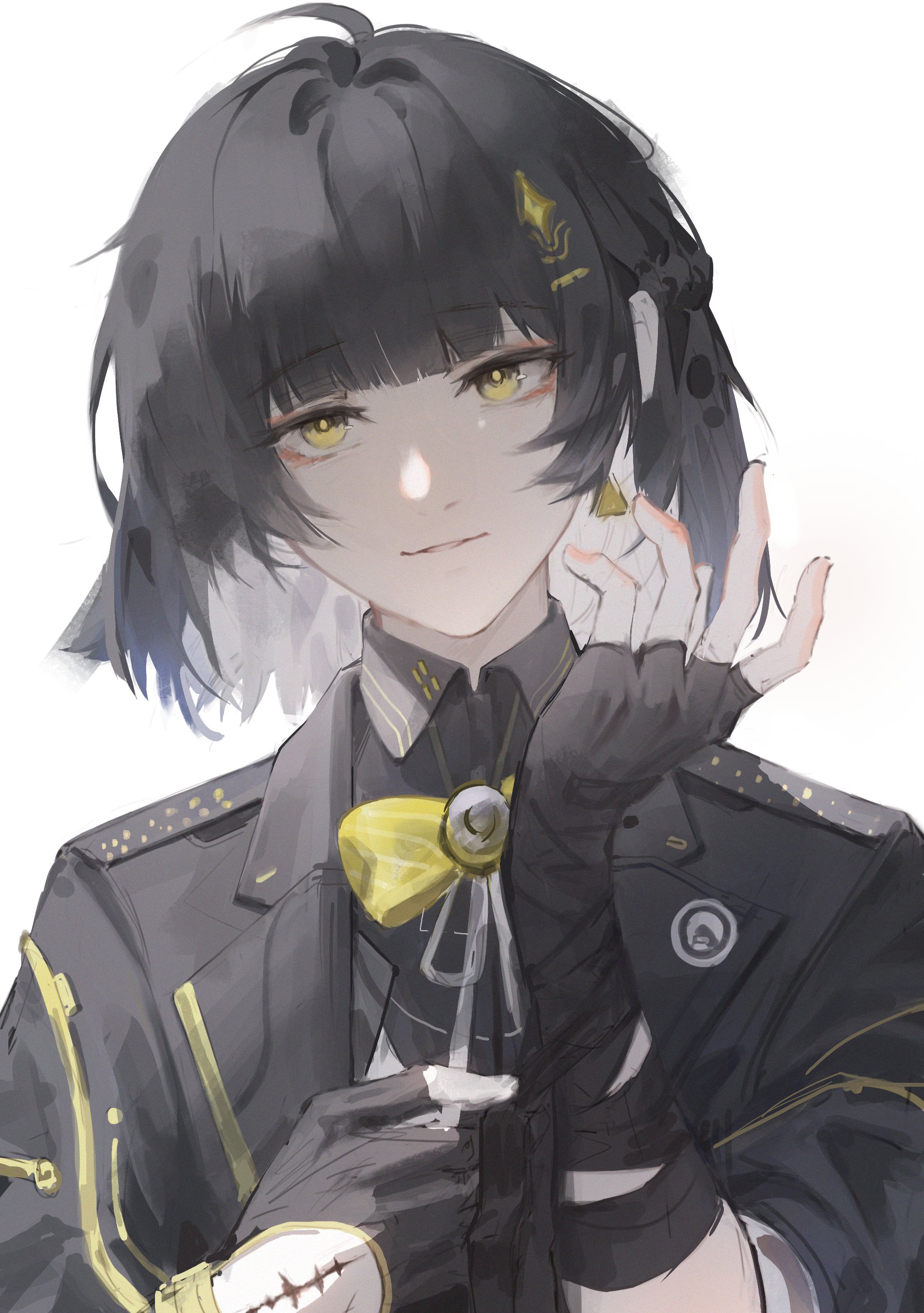 elyzerda, female rover (wuthering waves), rover (wuthering waves), wuthering waves, absurdres, commentary, highres, 1girl, black gloves, black hair, black jacket, colored inner hair, female rover (perpetual spark) (wuthering waves), gloves, jacket, looking at viewer, multicolored hair, official alternate costume, parted lips, smile, solo, tacet mark (wuthering waves), upper body, white hair, yellow eyes