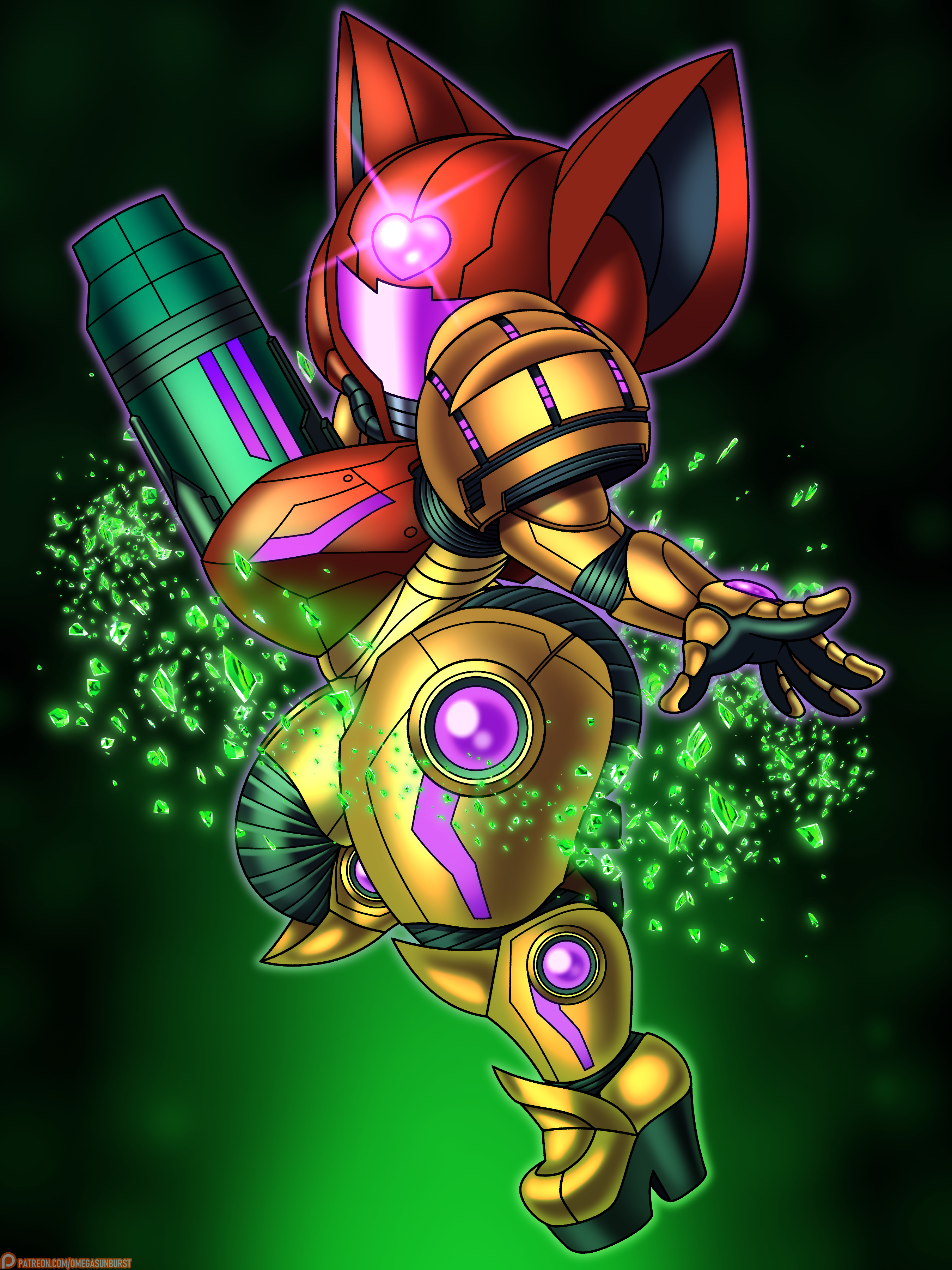 omegasunburst, rouge the bat, samus aran, metroid, nintendo, sonic (series), absurdres, commentary, english commentary, highres, 1girl, animal ears, artist name, bat ears, breasts, cosplay, large ears, leg lift, patreon logo, samus aran (cosplay), solo