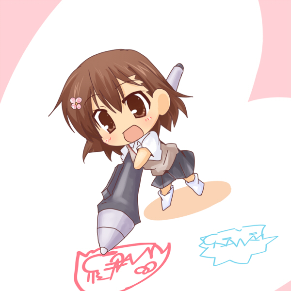 tong (freedom2000), misaka mikoto, toaru kagaku no railgun, toaru majutsu no index, drawing, brown eyes, brown hair, chibi, flower, hair flower, hair ornament, loose socks, socks, solo, stylus