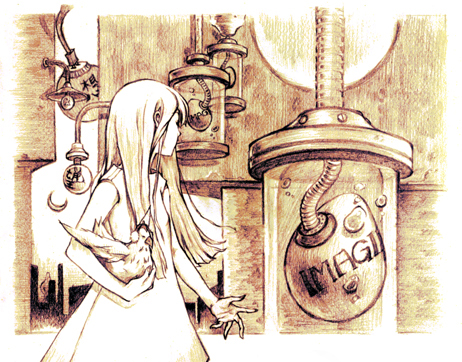 hayeon, original, looking away, machinery, lowres, 1girl, bird, chicken, earmuffs, egg, female focus, full moon, long hair, machine, monochrome, moon, sepia, solo