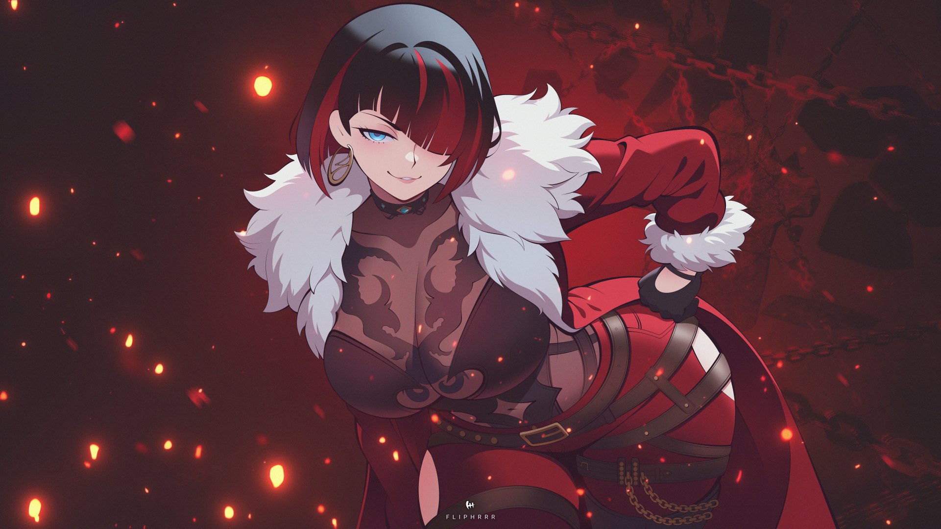 flipherrrr, anna williams, tekken, tekken 8, commentary, english commentary, highres, 1girl, artist name, black gloves, black hair, blue eyes, coat, earrings, embers, fur-trimmed coat, fur trim, gloves, grin, hair over one eye, hand on own hip, hoop earrings, jewelry, looking at viewer, multicolored hair, pants, red coat, red hair, red pants, seductive smile, short hair, smile, solo, two-tone hair