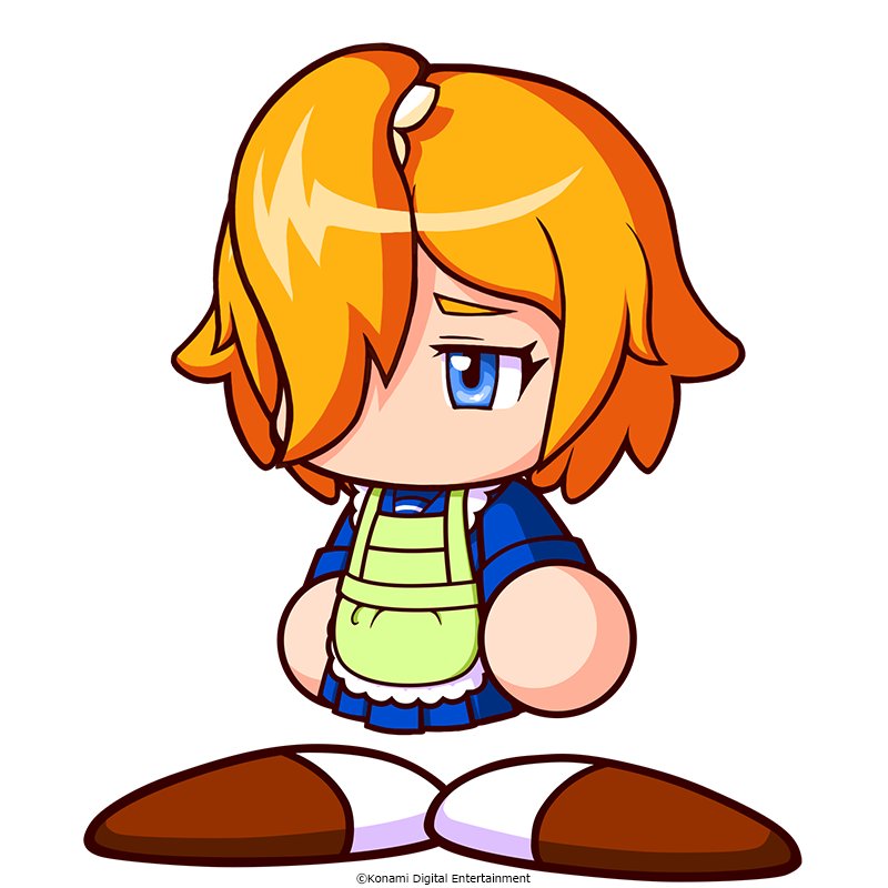 jikkyou powerful pro yakyuu, power pro appli, artist request, commentary request, official art, 1girl, apron, blue eyes, blue shirt, blue skirt, brown shoes, copyright notice, gloom (expression), green apron, hair over one eye, hakata asune, jikkyou powerful pro yakyuu (style), long sleeves, multicolored shoes, no mouth, orange hair, ponytail, rayman limbs, school uniform, shirt, shoes, skirt, solo, two-tone shoes, white background, white shoes