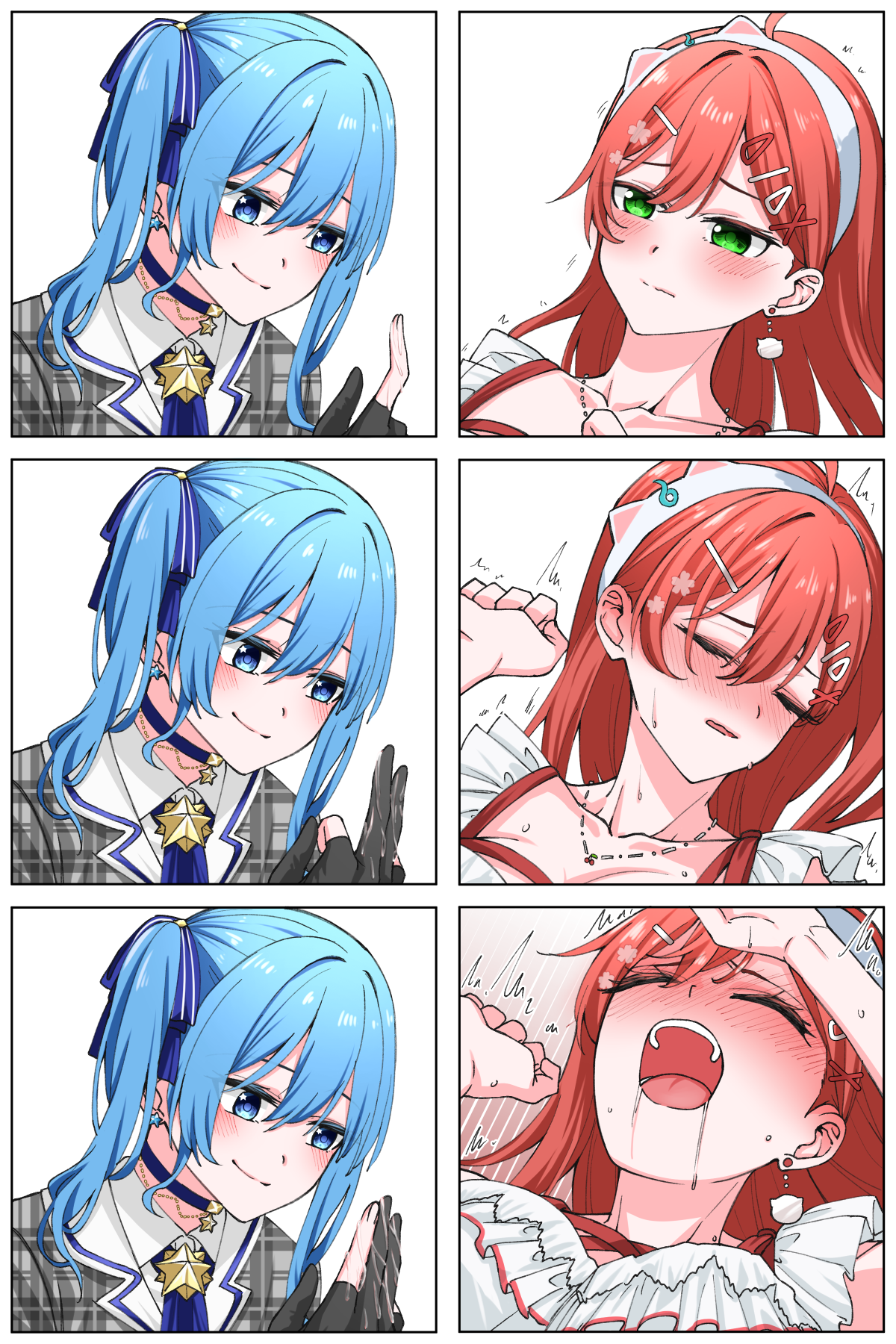 kurokawa rikuu, hoshimachi suisei, sakura miko, hololive, commentary, highres, symbol-only commentary, 2girls, black gloves, blue choker, blue eyes, blue hair, blush, choker, closed eyes, collarbone, dress, earrings, female orgasm, gloves, green eyes, grey dress, hair ornament, hairband, hairclip, implied fingering, jewelry, long hair, multiple girls, necklace, one side up, open mouth, orgasm, partially fingerless gloves, pink hair, plaid clothes, plaid dress, pussy juice, pussy juice on fingers, saliva, smile, virtual youtuber, white hairband, yuri