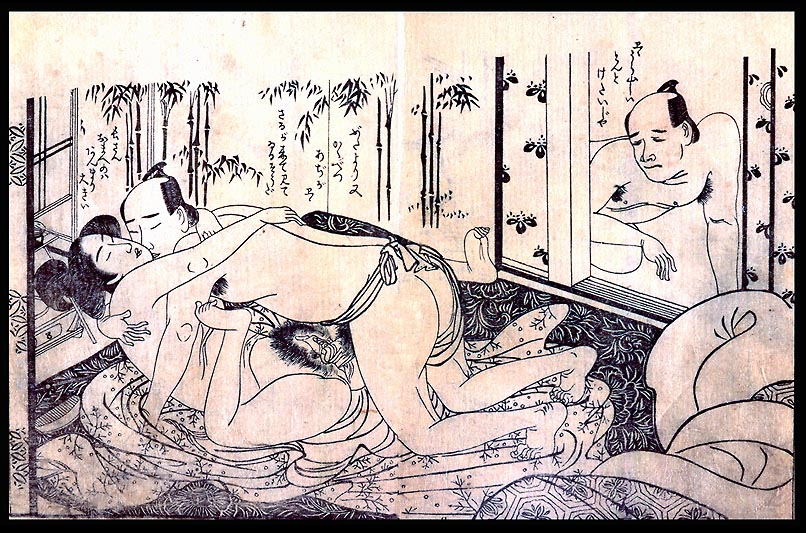 1girl, 2boys, bottomless, fine art parody, indoors, japan, monochrome, multiple boys, nihonga, parody, sex, shunga, ukiyo-e, uncensored