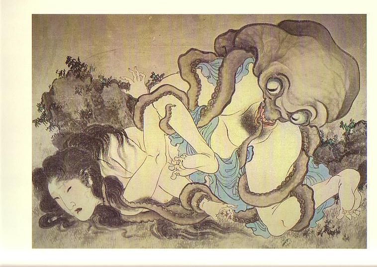 watanabe kazan, octopus and female diver, 1girl, bestiality, black hair, border, closed eyes, cunnilingus, doggystyle, fine art, fine art parody, interspecies, japan, long hair, monster, nihonga, object insertion, octopus, oral, outdoors, parody, pubic hair, rape, restrained, sex from behind, shunga, tentacle sex, tentacles, top-down bottom-up, ukiyo-e, uncensored, vaginal, vaginal object insertion