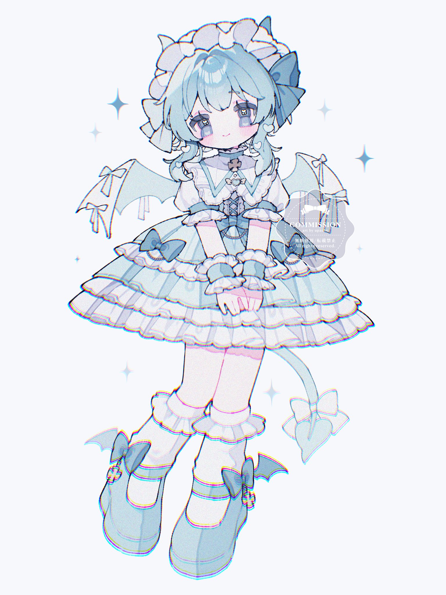 upache, original, commentary, commission, highres, symbol-only commentary, 1girl, blue bow, blue eyes, blue hair, blue shoes, blue skirt, blush, bow, closed mouth, collared shirt, demon girl, demon tail, demon wings, frilled shirt collar, frilled skirt, frilled sleeves, frilled socks, frilled wrist cuffs, frills, full body, hair bow, kneehighs, looking at viewer, shirt, shoes, short hair, short sleeves, simple background, skirt, skirt bow, smile, socks, solo, standing, tail, tail bow, tail ornament, watermark, white background, white bow, white shirt, white wings, wings, wrist cuffs
