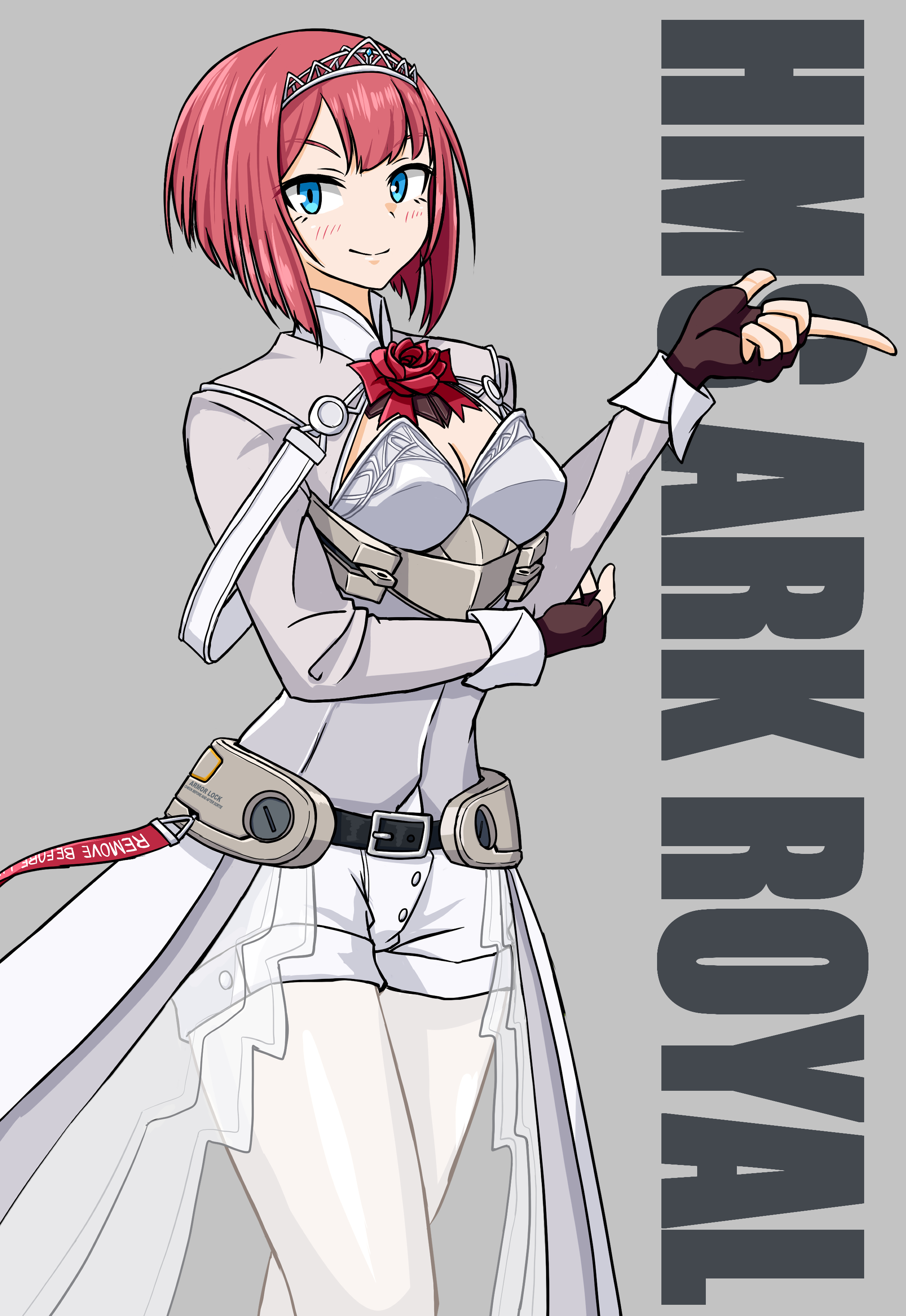 samusara, ark royal (kancolle), kantai collection, absurdres, commentary, highres, symbol-only commentary, 1girl, black gloves, blue eyes, bob cut, character name, clothes writing, corset, cowboy shot, fingerless gloves, flower, gloves, grey background, inverted bob, long sleeves, overskirt, pantyhose, red flower, red hair, red rose, rose, short hair, shorts, solo, tiara, white corset, white pantyhose, white shorts