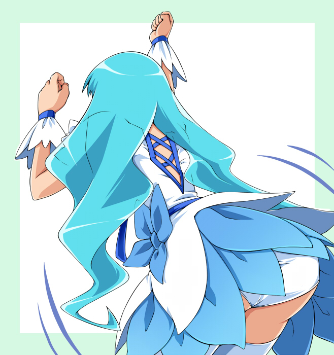 kumataka, cure marine, kurumi erika, heartcatch precure!, precure, 10s, 1girl, ass, ass shake, back, blue skirt, blue theme, dancing, female focus, long hair, magical girl, panties, pantyshot, skirt, solo, thighhighs, twintails, underwear, white panties
