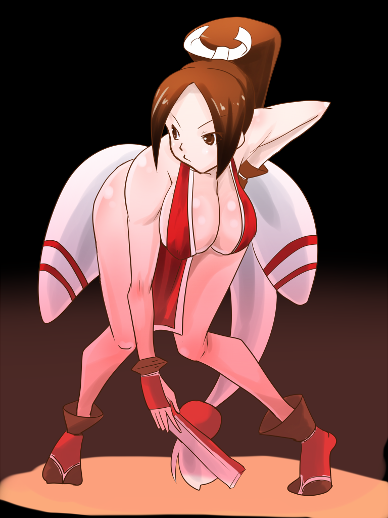 rickert kai, shiranui mai, snk, the king of fighters, 1girl, bent over, breasts, brown eyes, brown hair, cleavage, curvy, female focus, fingerless gloves, gloves, hair ribbon, hand fan, hanging breasts, hip focus, japanese clothes, large breasts, ponytail, ribbon, shoes, solo, wide hips