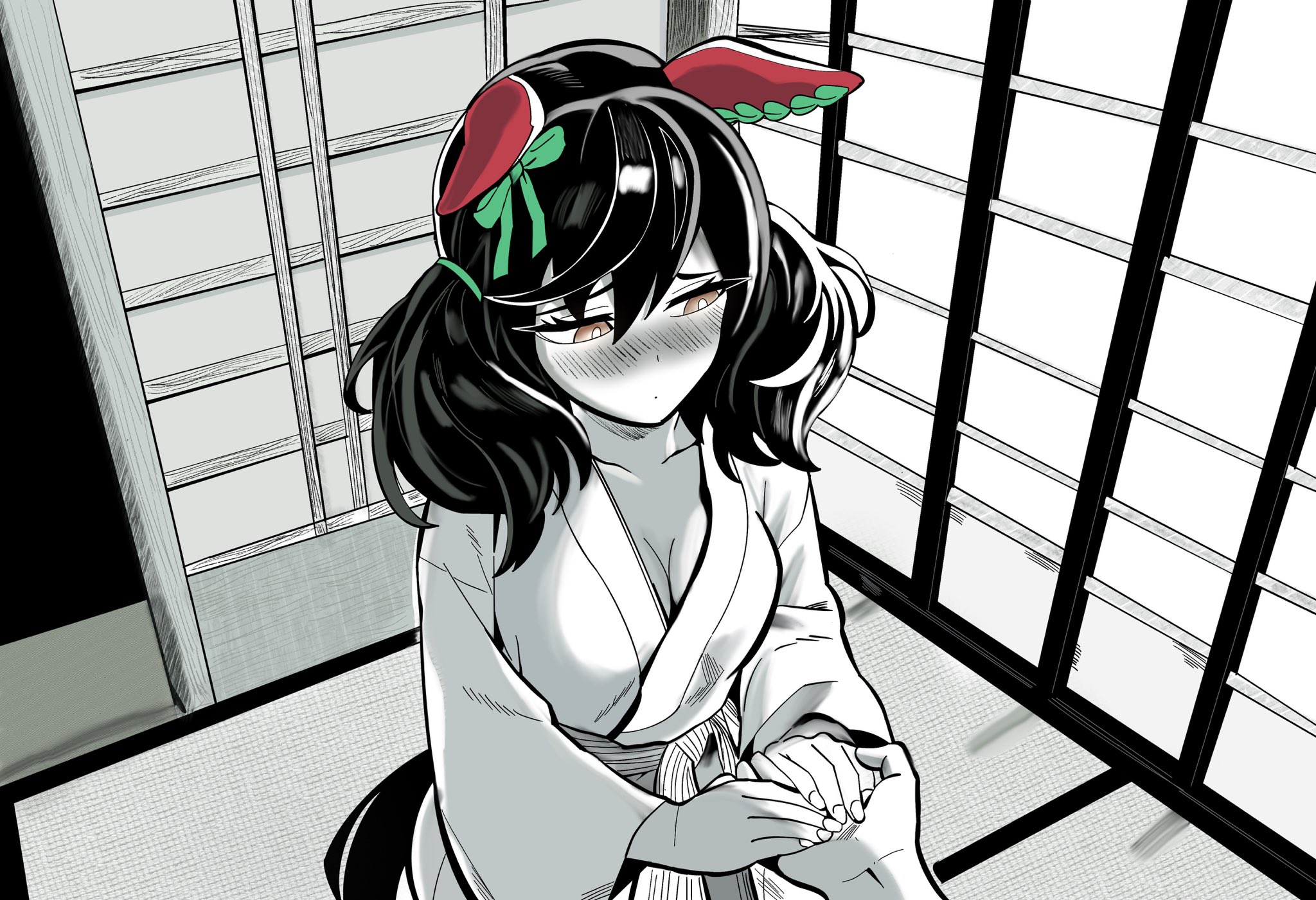 kunitoro (artist), nice nature (umamusume), umamusume, commentary, english commentary, highres, 1boy, 1girl, animal ears, blush, breasts, brown eyes, ear covers, greyscale, holding hands, horse ears, horse girl, indoors, japanese clothes, kimono, medium breasts, medium hair, monochrome, pov, pov hands, spot color, twintails