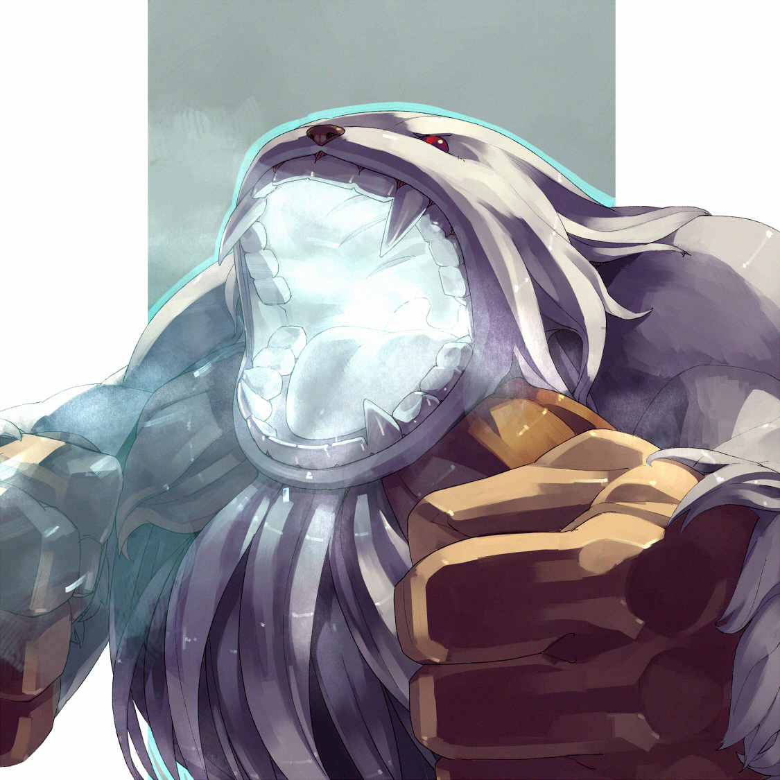 shihou (g-o-s), sasquatch (darkstalkers), capcom, darkstalkers, body fur, fangs, monster, no humans, red eyes, simple background, solo