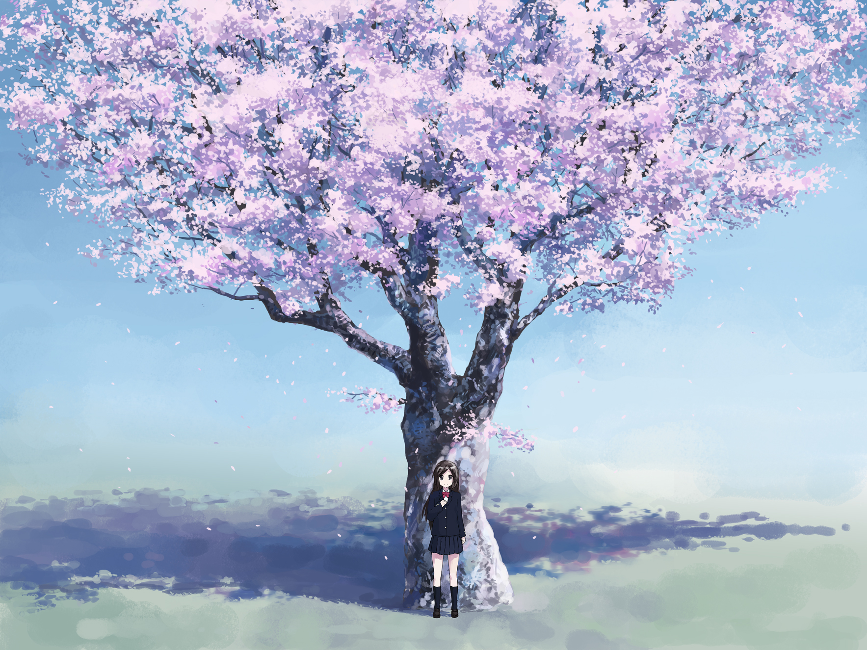 isou nagi, vocaloid, highres, 1girl, black socks, blazer, brown eyes, brown hair, cherry blossoms, female focus, jacket, nature, outdoors, petals, pleated skirt, scenery, school uniform, skirt, sky, socks, solo, tree