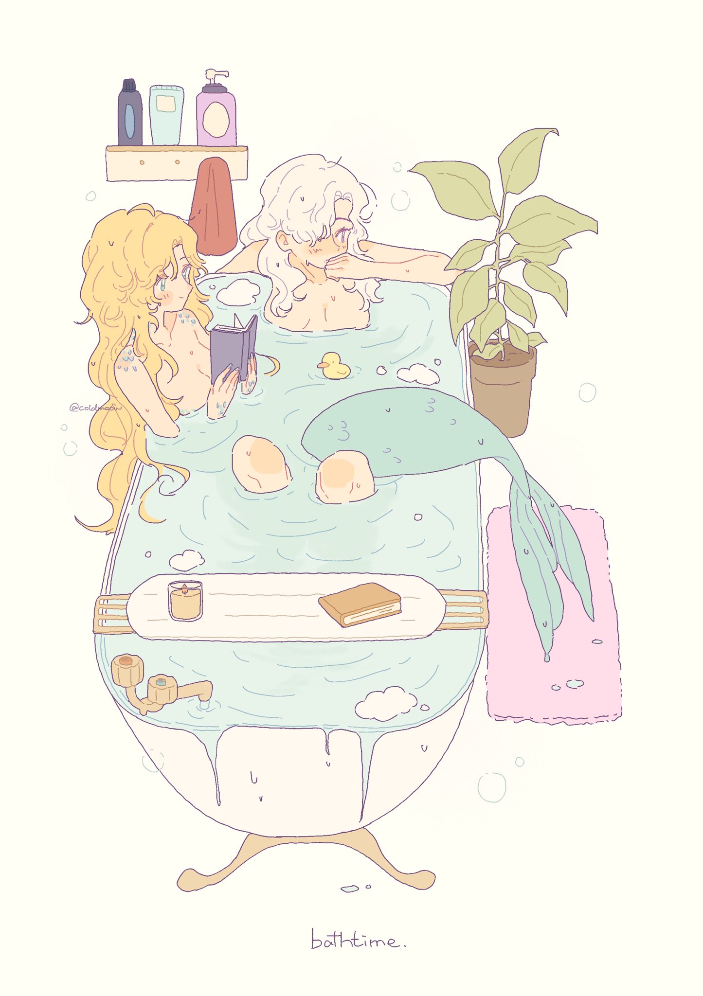 coldmeow, vila (reverse:1999), windsong (reverse:1999), reverse:1999, hashtag-only commentary, highres, 2girls, bath, bathtub, blonde hair, blue eyes, book, breasts, holding, holding book, medium breasts, mermaid, monster girl, multiple girls, partially submerged, plant, potted plant, purple eyes, same-sex bathing, scales, shared bathing, tail, water, wet, wet hair, white hair, yuri