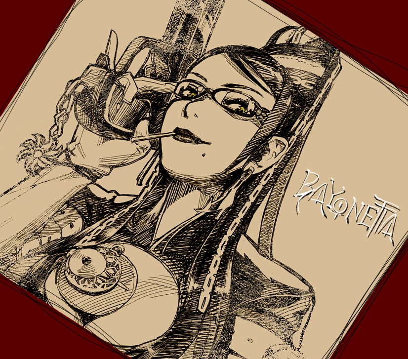 shihou (g-o-s), bayonetta, bayonetta (series), bayonetta 1, 1girl, brown theme, candy, cleavage cutout, clothing cutout, earrings, female focus, food, glasses, gloves, gun, jewelry, lipstick, lollipop, makeup, mole, mole under mouth, monochrome, solo, weapon, yellow eyes