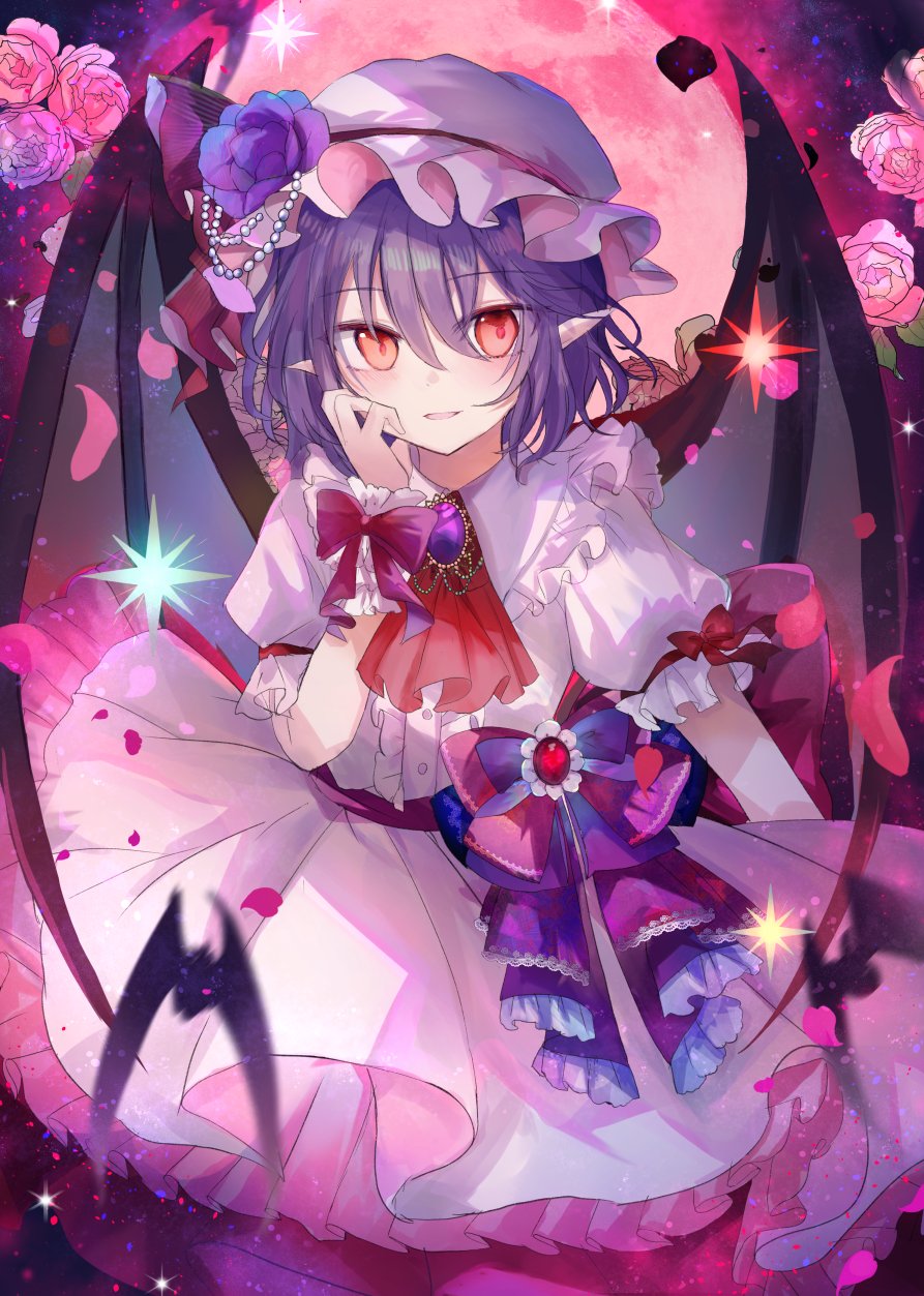 kazu (muchuukai), remilia scarlet, touhou, commentary request, highres, 1girl, ascot, back bow, bat (animal), bat wings, bow, brooch, center frills, embellished costume, falling petals, flower, frills, full moon, hat, hat flower, jewelry, looking at viewer, medium hair, mob cap, moon, open mouth, petals, pink flower, pink hat, pink petals, pink rose, pointy ears, purple flower, purple hair, purple rose, red ascot, red bow, red eyes, red moon, rose, shirt, skirt, sleeve bow, smile, solo, white hat, white shirt, white skirt, wings, wrist cuffs