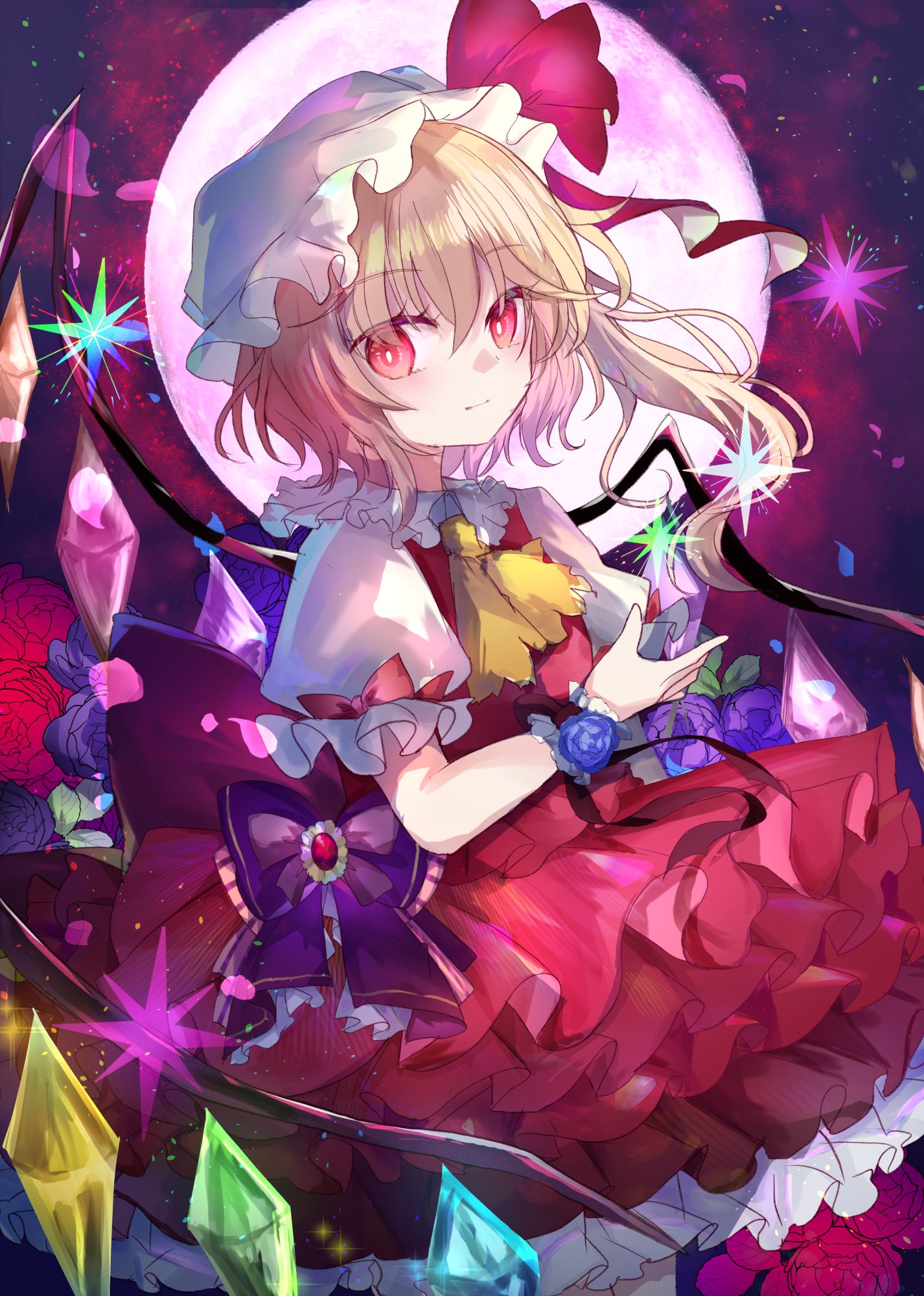 kazu (muchuukai), flandre scarlet, touhou, commentary request, highres, 1girl, ascot, blonde hair, bow, closed mouth, collared shirt, crystal, crystal wings, embellished costume, flower, frilled shirt collar, frilled skirt, frills, full moon, hat, looking at viewer, mob cap, moon, multicolored wings, one side up, puffy short sleeves, puffy sleeves, purple flower, purple rose, red bow, red eyes, red flower, red rose, red skirt, red vest, rose, shirt, short sleeves, skirt, skirt set, sleeve bow, solo, torn ascot, torn clothes, vest, white hat, white shirt, wings, wrist cuffs, yellow ascot