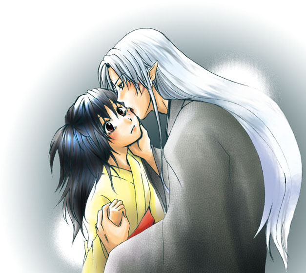 rin (inuyasha), sesshoumaru, inuyasha, black hair, blush, brown eyes, facial mark, forehead mark, holding hands, licking, long hair, pointy ears, simple background, white hair
