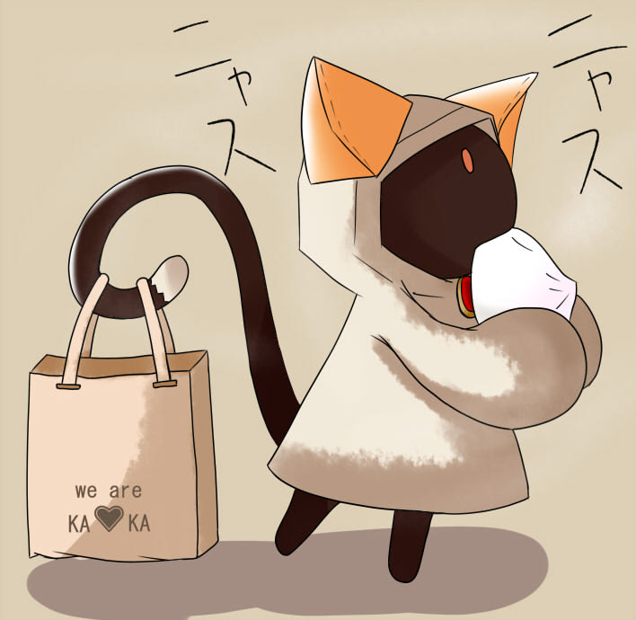 yoshioto, kaka kittens, taokaka, arc system works, blazblue, 1girl, animal ears, animal hood, bag, cat ears, cat hood, cat tail, female focus, food, hood, solo, steamed bun, tail