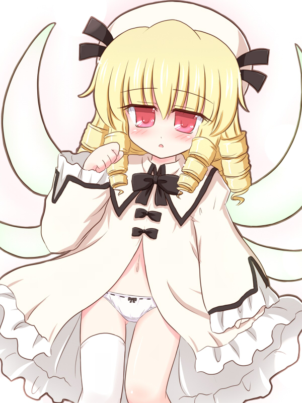 ry (yagoyago), luna child, eastern and little nature deity, touhou, touhou sangetsusei, 1girl, asymmetrical clothes, blonde hair, blush, bottomless, dress, drill hair, female focus, gradient background, hat, navel, open clothes, open dress, panties, red eyes, short hair, single thighhigh, solo, thighhighs, underwear, white background, white panties, white thighhighs, wings